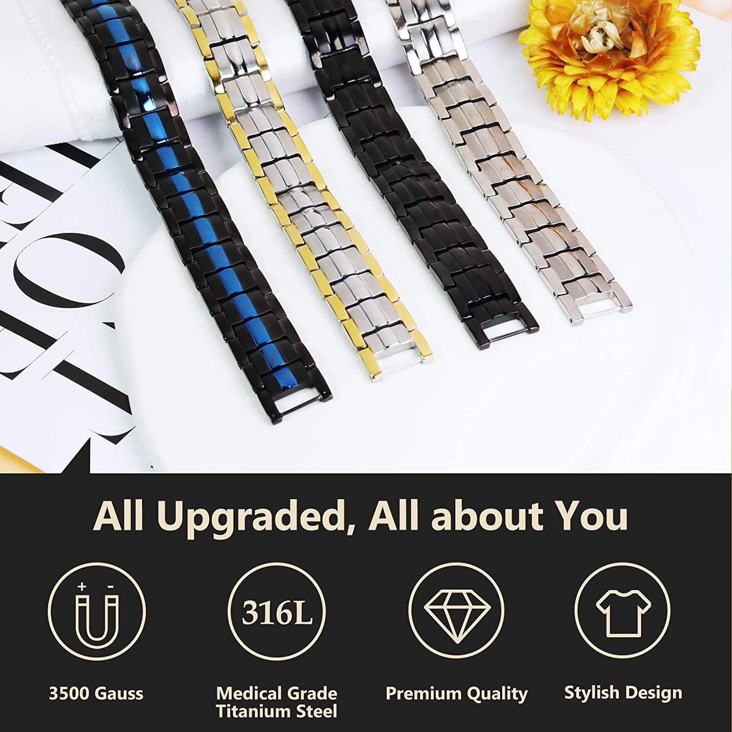Black Double Row Magnets Titanium Steel Magnetic Bracelet