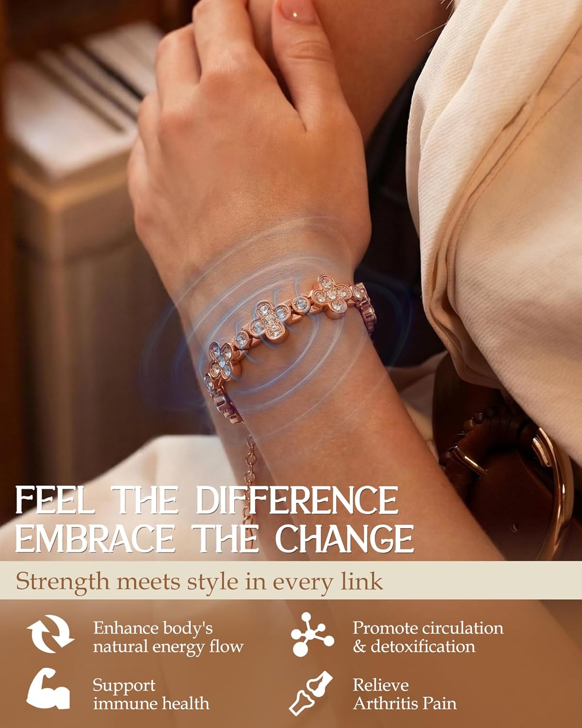 Feraco Pure Copper Bracelets for Women, Ultra Strength Magnetic Bracelet for Women with 3800 Gauss Magnet & Dazzling Austrian Crystals Stone, Flower Copper Jewelry Gift