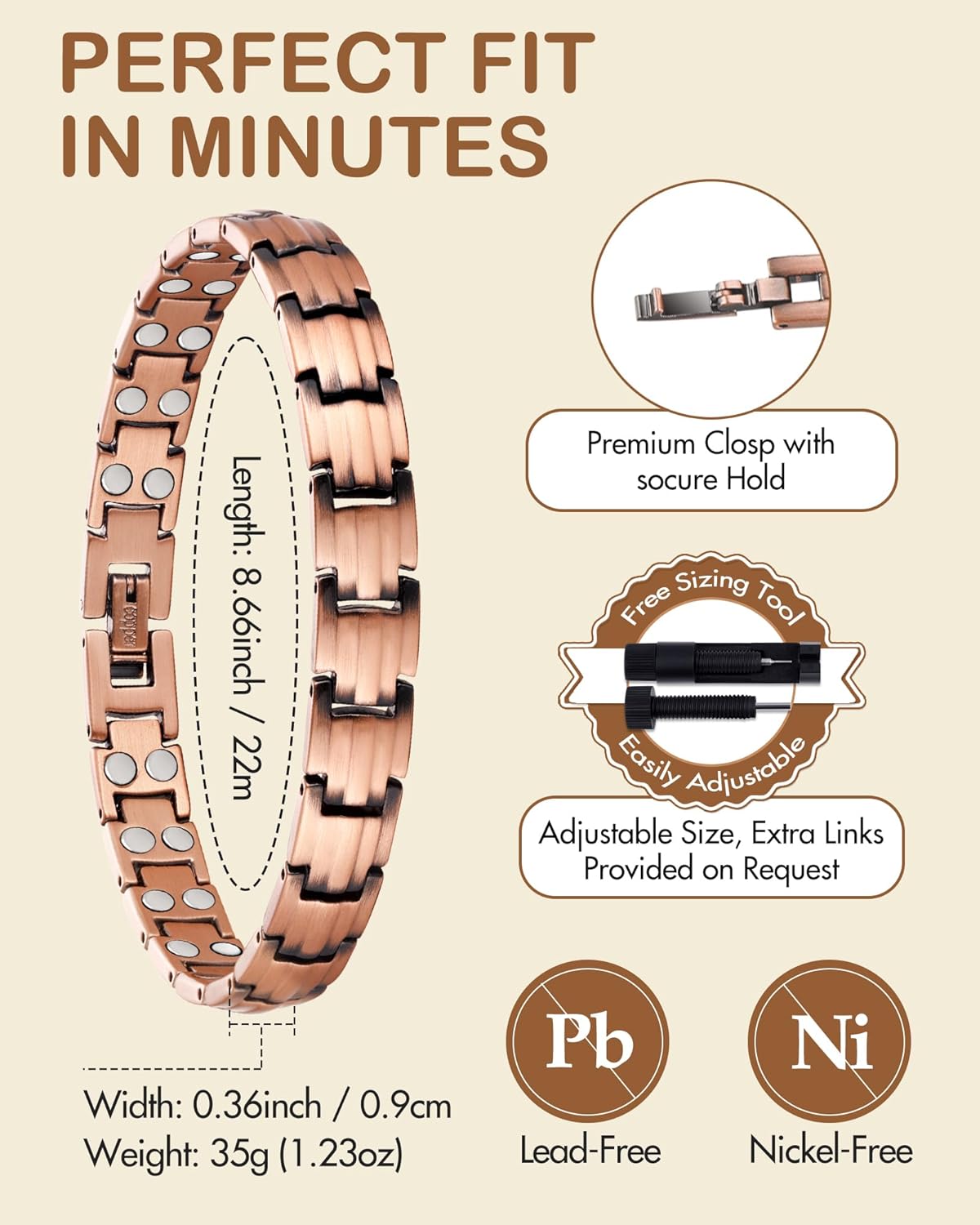 Feraco Copper Bracelets for Women, 2X Ultra Strength Magnetic Bracelet with 3500 Gauss Magnets, Adjustable with Sizing Tool, 99.99% Pure Copper Jewelry