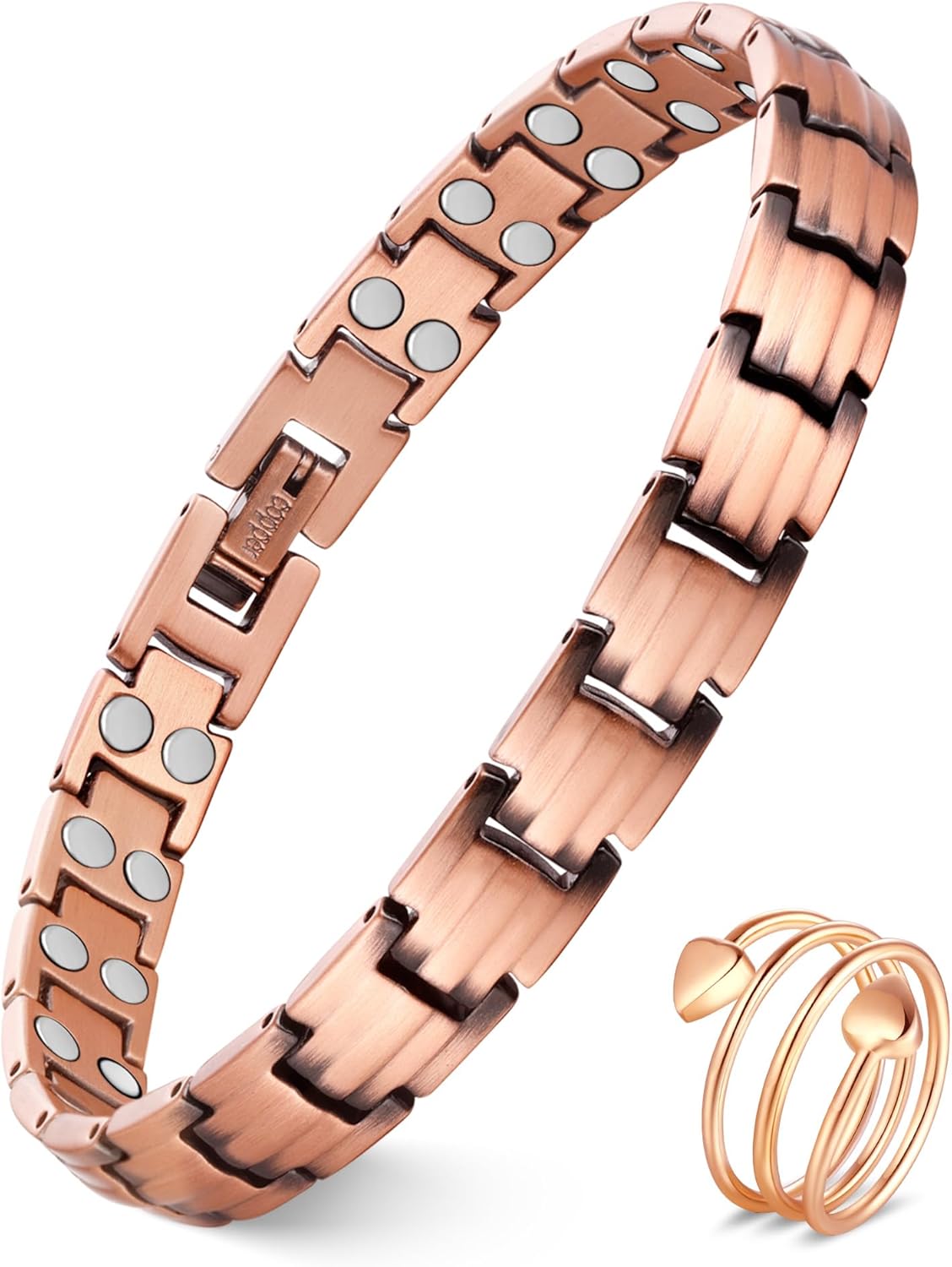 Feraco Copper Bracelets & Ring for Women, 2X Ultra Strength Magnetic Bracelet with 3500 Gauss Magnets, Adjustable with Sizing Tool, 99.99% Pure Copper Jewelry