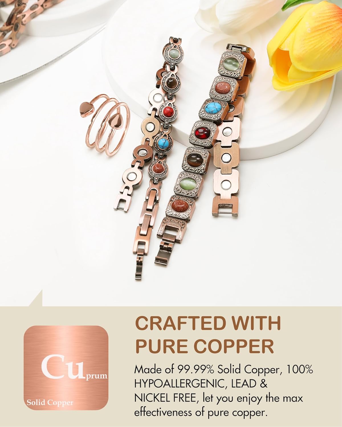Feraco Pure Copper Bracelets & Rings for Women, Ultra Strength Magnetic Copper Bracelet with 3800 Gauss Magnets, Natural Turquoise & Stones, Adjustable Jewelry Gift