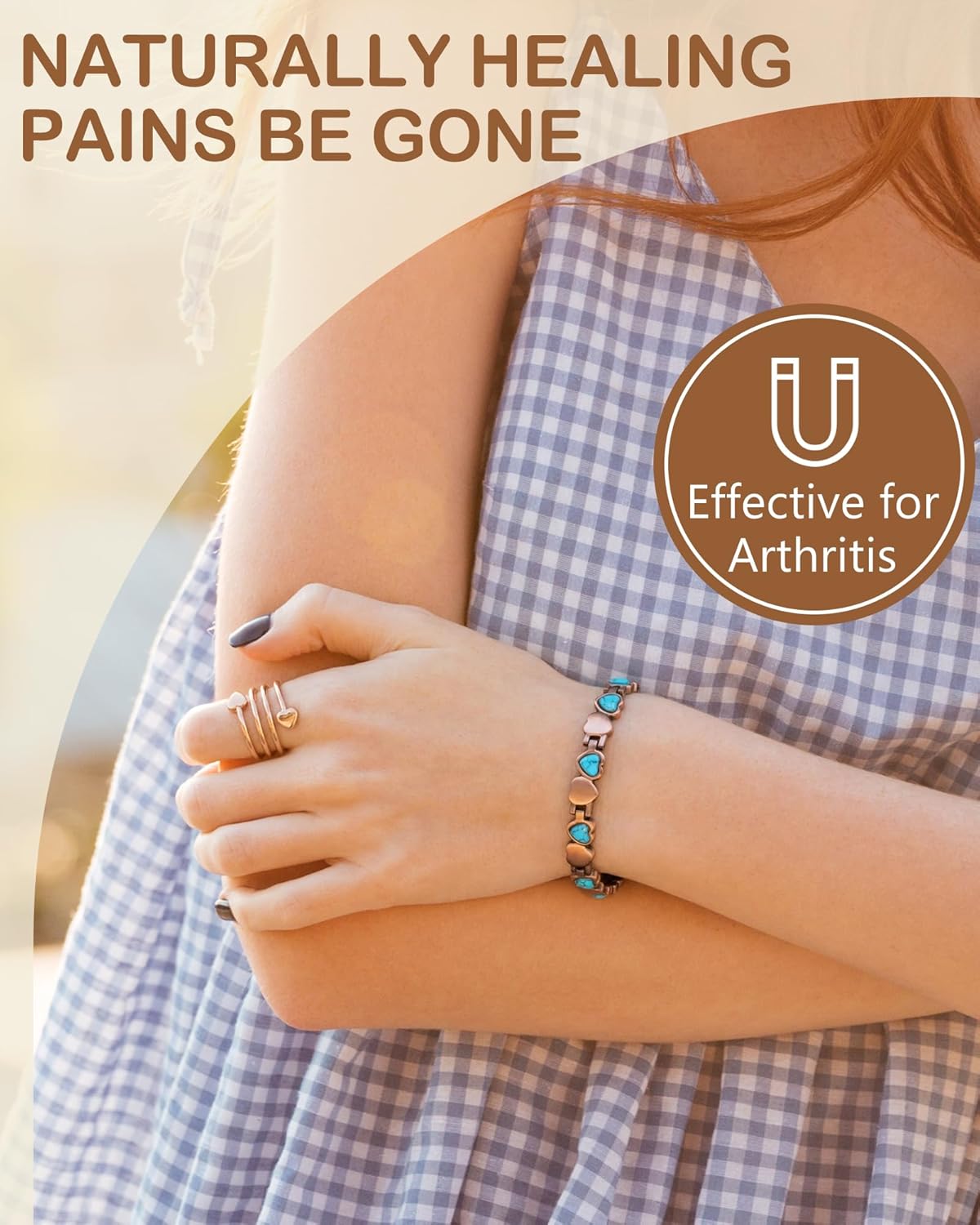 Feraco Pure Copper Bracelets & Rings for Women, Ultra Strength Magnetic Bracelet with 3800 Gauss Magnets & Natural Turquoise & Stones, Adjustable, Jewelry Gift