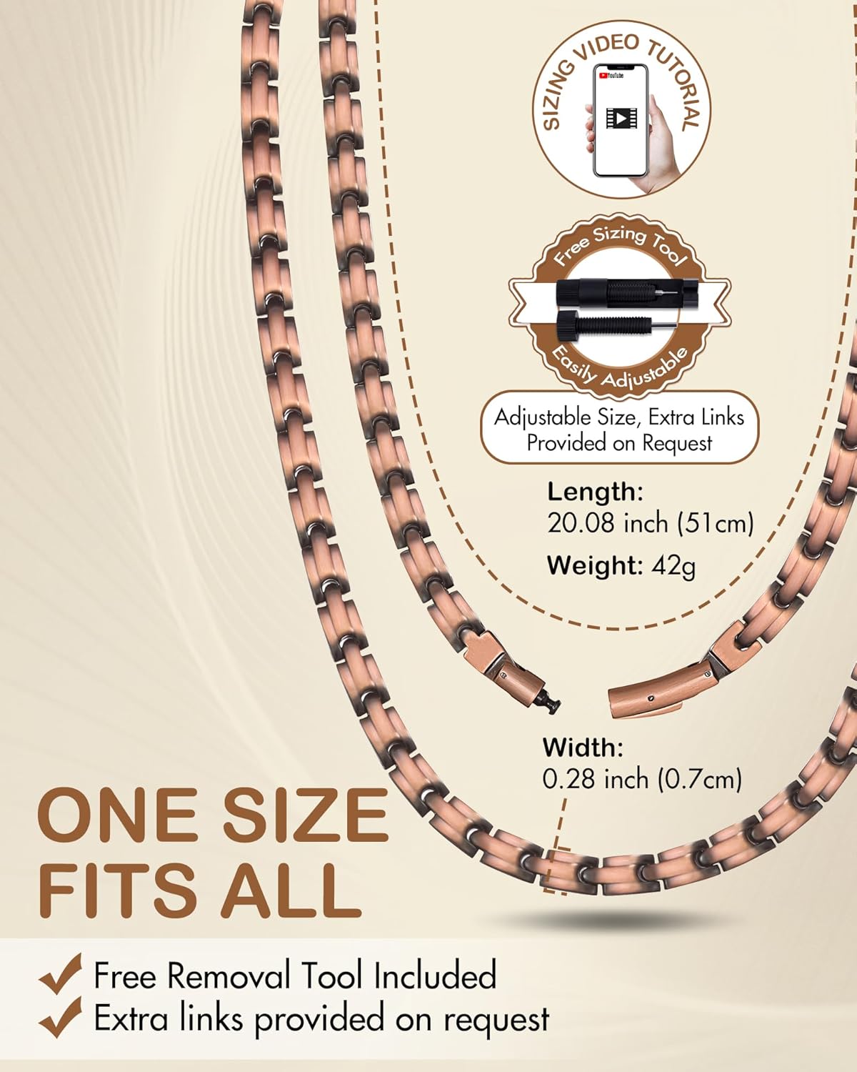 Feraco Copper Necklace for Men Women, 99.99% Pure Copper Magnetic Chains with 3500 Gauss Ultra Strength Neodymium Magnets, Adjustable Jewelry Gift with Sizing Tool
