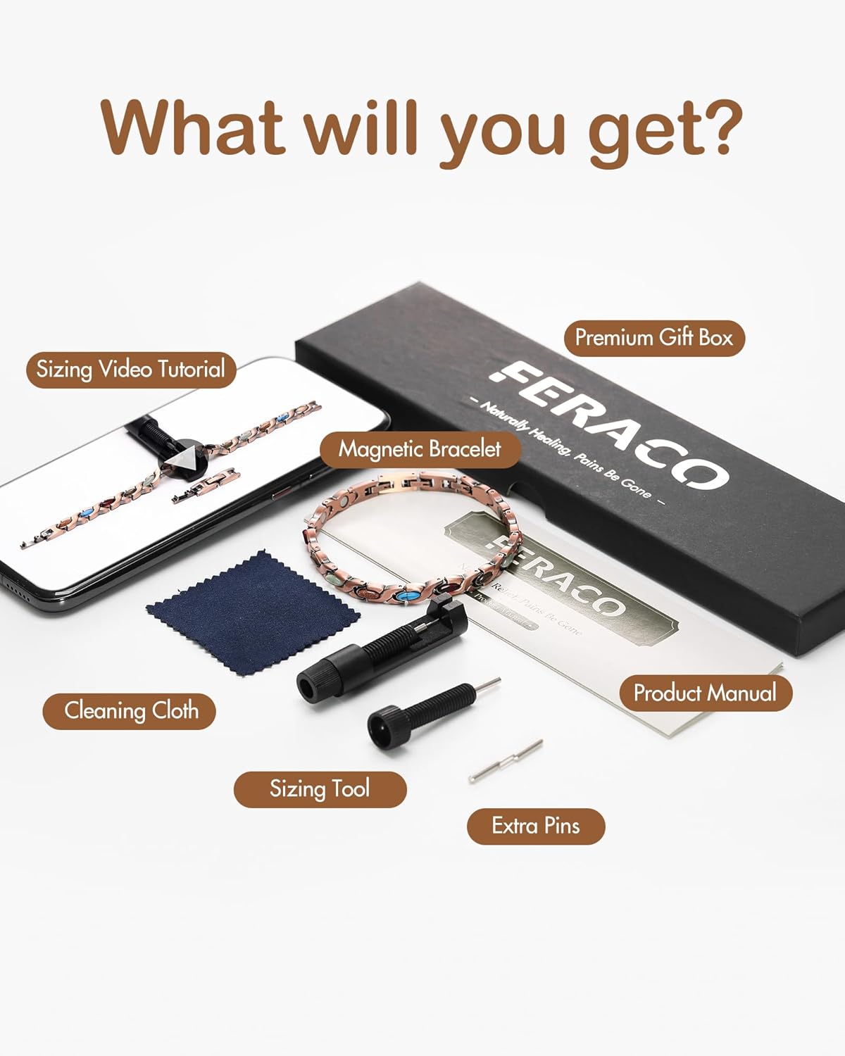 Feraco Pure Copper Bracelets for Women, Ultra Strength Magnetic Bracelet with 3800 Gauss Magnets & Natural Turquoise & Stones, Adjustable, Jewelry Gift