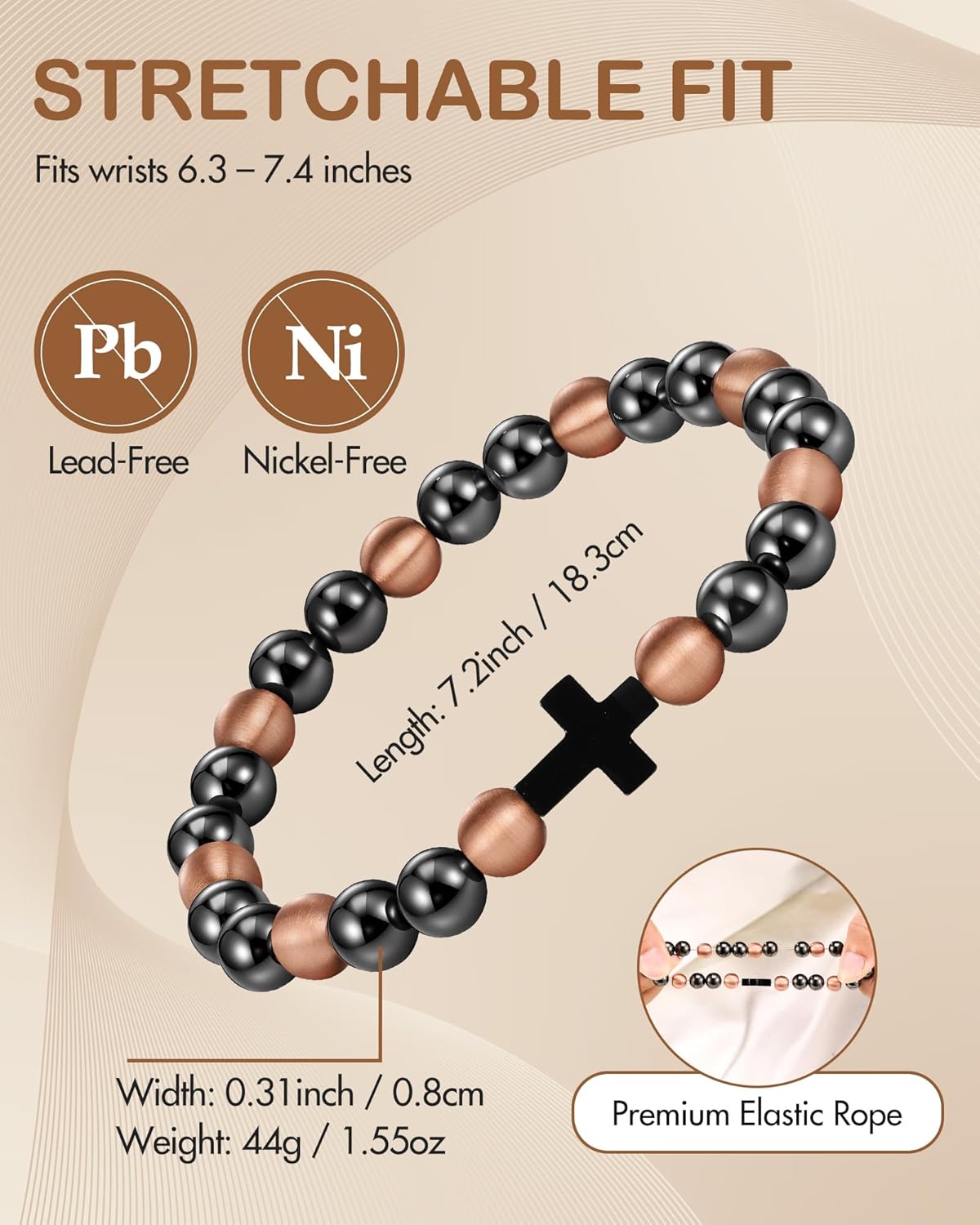 Feraco Pure Copper Magnetic Bead Bracelet for Men Women, 8mm 99.99% Solid Copper & 3500 Gauss Magnetic Hematite Beads, Unisex Stretch Wristband, Gift-Ready Jewelry