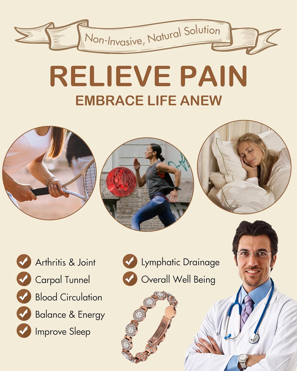 Feraco Pure Copper Bracelets for Women, 4X Ultra Strength Magnetic Bracelet with 3800 Gauss Neodymium Magnets & Dazzling Austrian Cut Crystals, Adjustable Jewelry Gift