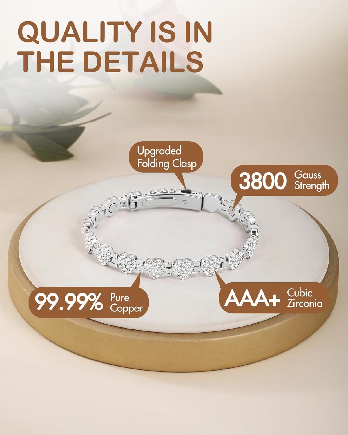 Feraco Copper Bracelets for Women, Ultra Strength Magnetic Bracelet with 3800 Gauss Neodymium Magnets & Dazzling Cubic Zirconia, 99.99% Pure Copper Jewelry Gift, Heart Shape