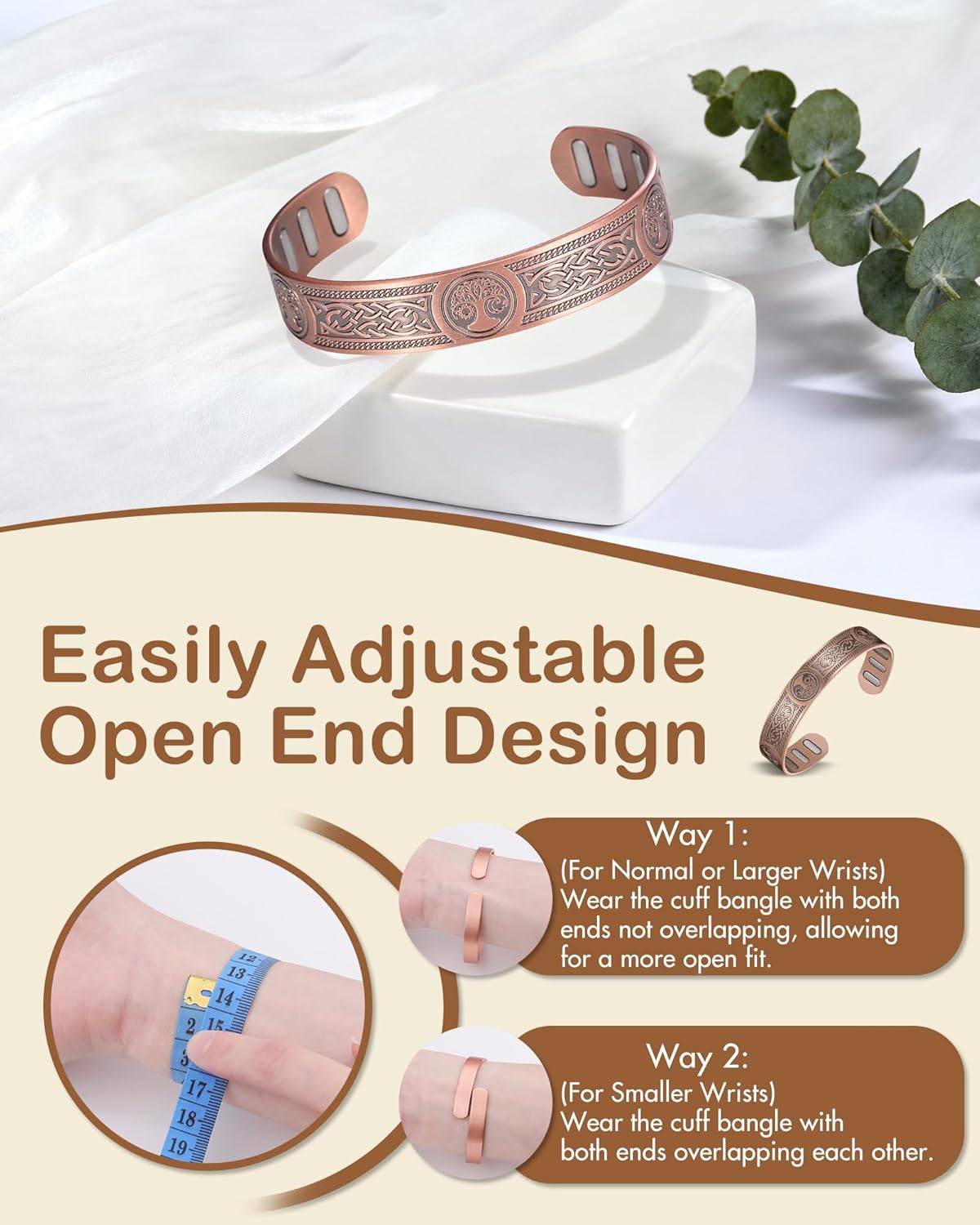 Feraco Copper Bracelet for Men, 5X Ultra Strength Magnetic Cuff Bangle with 5000 Gauss Neodymium Magnets, 99.99% Pure Copper Jewelry Gift, Adjustable