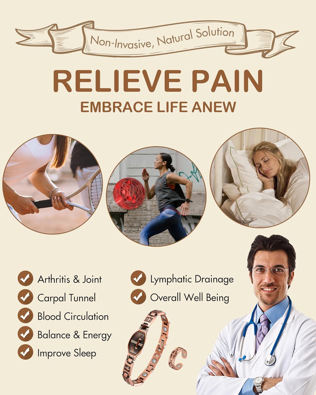 Feraco Copper Bracelets for Women, 99.99% Pure Copper Magnetic Bracelets with Effective Neodymium Magnets, Adjustable Jewelry Gift with Sizing Tool