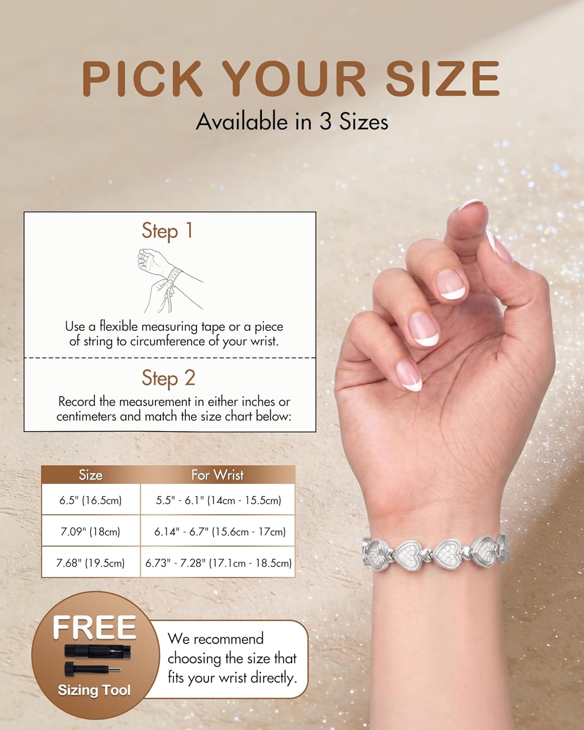 Feraco Pure Copper Bracelets for Women, Ultra Strength Magnetic Bracelet for Women with 3800 Gauss Magnet & Dazzling Austrian Crystals Stone, Heart-Shaped (Silver, 7.09 inches (18cm))