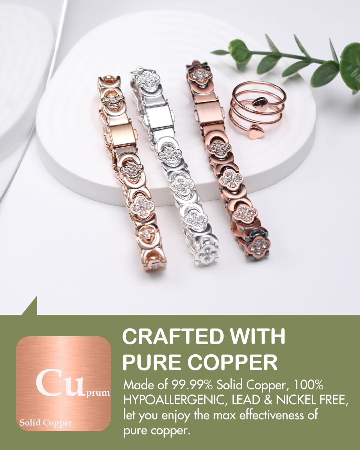 Feraco Pure Copper Bracelets & Rings for Women, Ultra Strength Magnetic Bracelet for Women with Neodymium Magnets & Sparkling Cubic Zirconia, Adjustable, Infinite Clover Jewelry (Rose Gold)