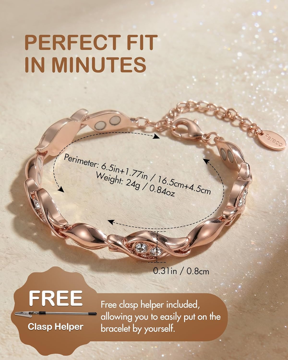 Feraco Pure Copper Bracelets for Women, Ultra Strength Magnetic Bracelet for Women with 3800 Gauss Magnet & Dazzling Austrian Crystals Stone, Copper Jewelry Gift