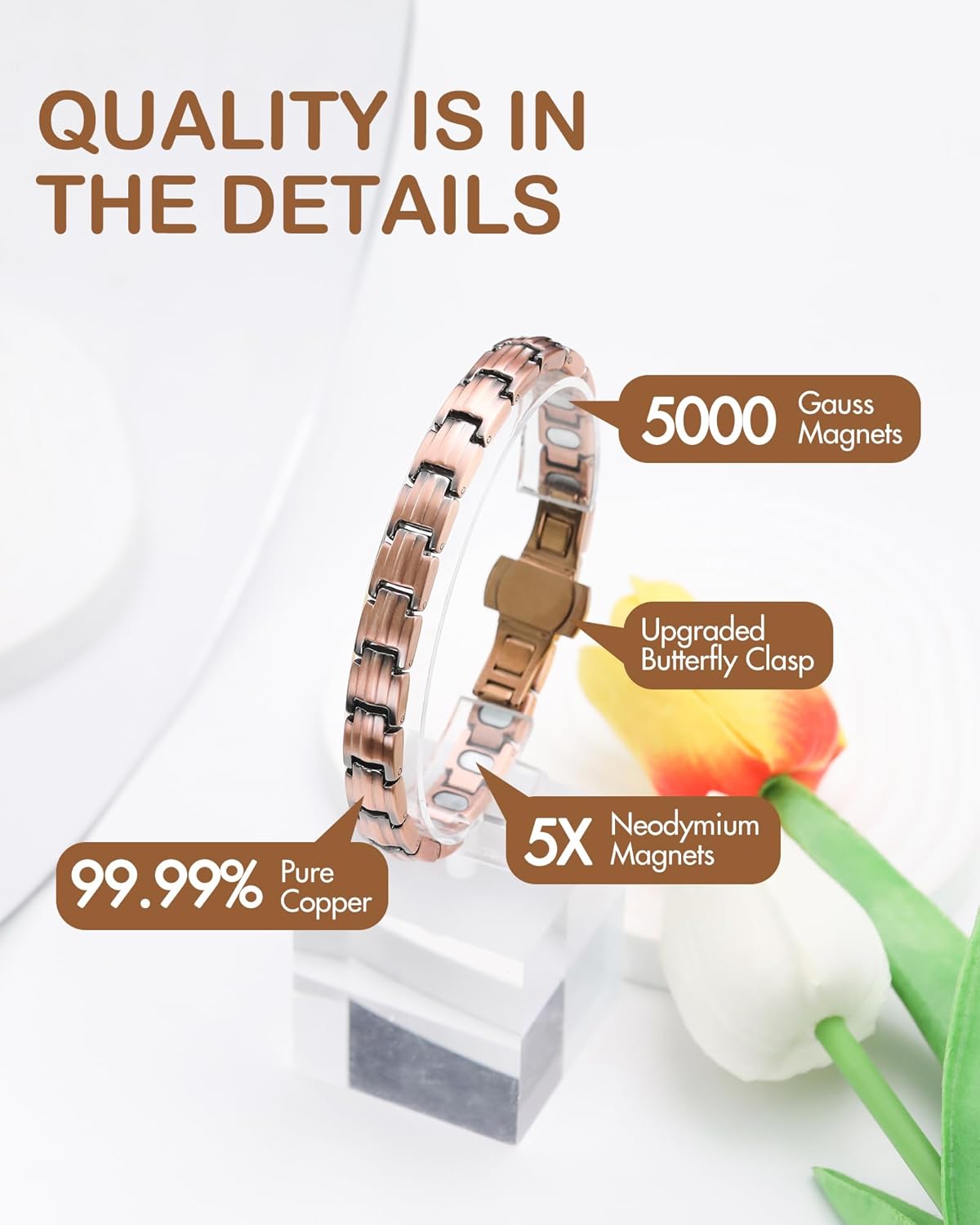 Feraco Pure Copper Bracelets for Women, 5X Ultra Strength Magnetic Bracelet with 5000 Gauss Neodymium Magnets & Upgraded Butterfly Clasp, Adjustable Jewelry Gift