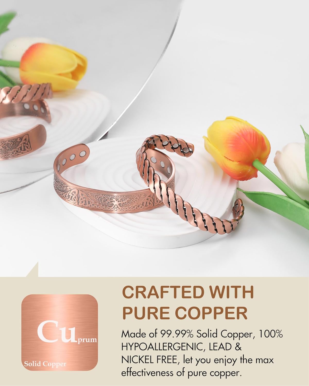 Feraco Pure Copper Bracelet for Men Women, Enhanced Strength Magnetic Bracelet with 3800 Gauss Neodymium Magnets, Solid Copper Cuff Bangle, Adjustable Jewelry Gift (TwistFlow)