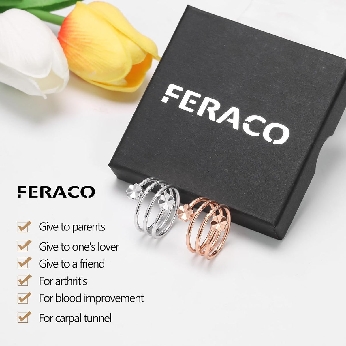 Feraco 2PCS Pure Copper Magnetic Rings for Women with Magnets,Jewelry