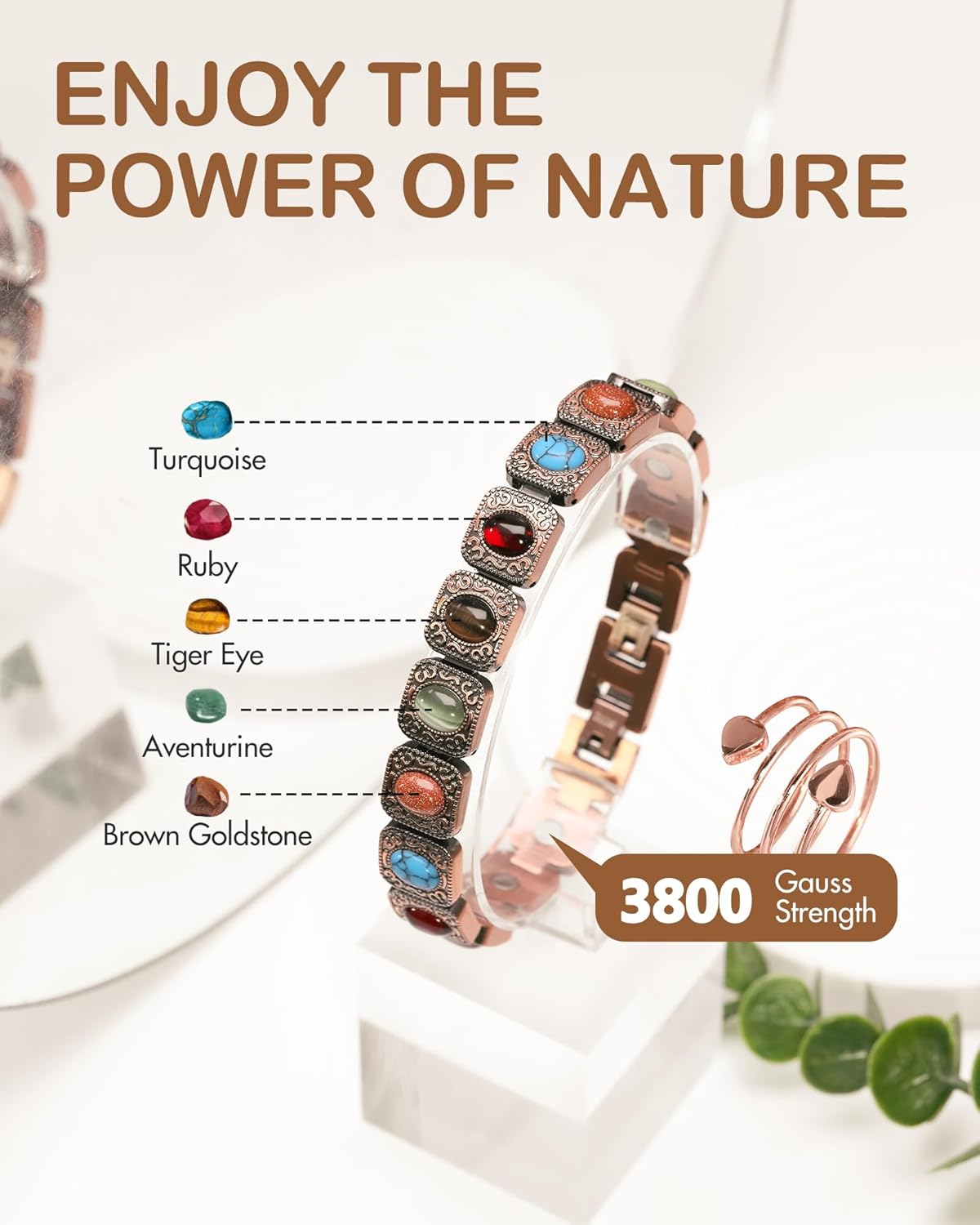 Feraco Pure Copper Bracelets & Rings for Women, Ultra Strength Magnetic Copper Bracelet with 3800 Gauss Magnets, Natural Turquoise & Stones, Adjustable Jewelry Gift