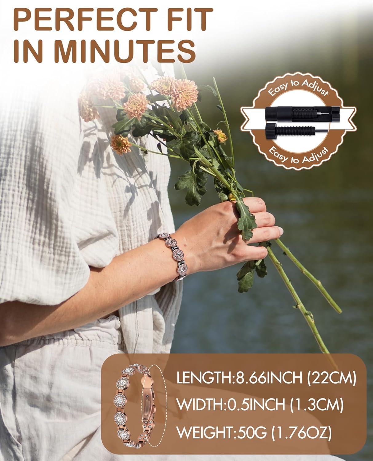 Feraco Pure Copper Bracelets for Women, 4X Ultra Strength Magnetic Bracelet with 3800 Gauss Neodymium Magnets & Dazzling Austrian Cut Crystals, Adjustable Jewelry Gift