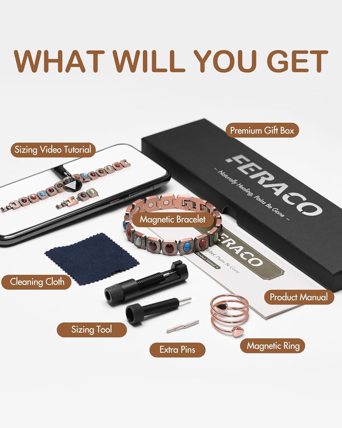 Feraco Pure Copper Bracelets & Rings for Women, Ultra Strength Magnetic Copper Bracelet with 3800 Gauss Magnets, Natural Turquoise & Stones, Adjustable Jewelry Gift