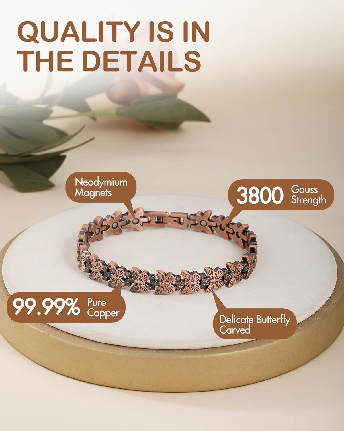 Feraco Pure Copper Bracelets for Women, Ultra Strength Magnetic Copper Bracelet with 3800 Gauss Magnet, Adjustable Jewelry Gift with Butterfly-Engraved