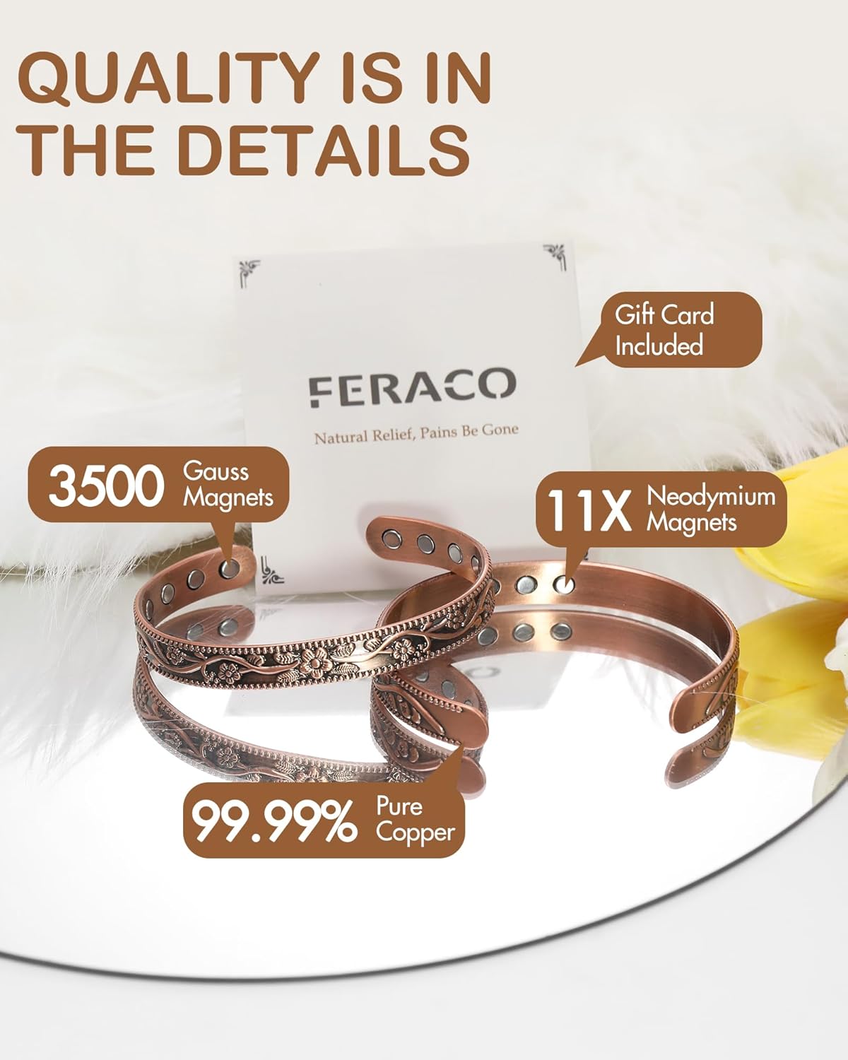 Feraco Copper Bracelet for Women, Ultra Strength Magnetic Bracelets, 99.99% Pure Copper Cuff Bangle with 3500 Gauss Neodymium Magnets, Adjustable with Gift Card