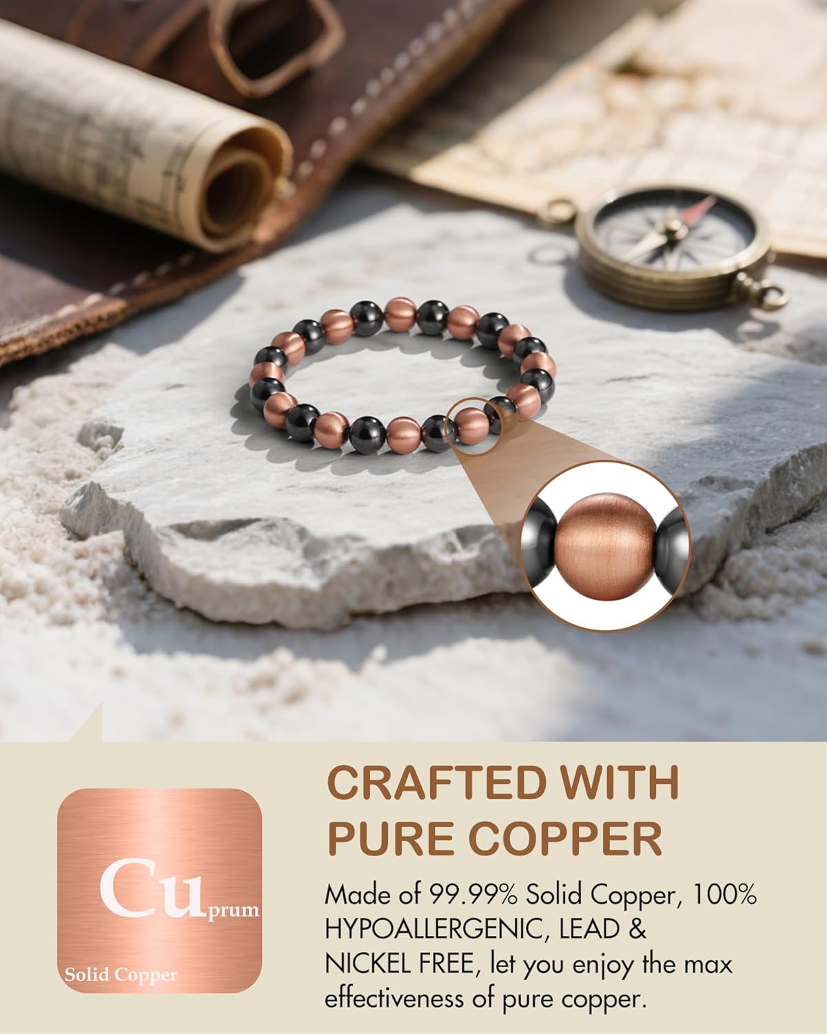 Feraco Pure Copper Magnetic Bead Bracelet for Men Women, 8mm 99.99% Solid Copper & 3500 Gauss Magnetic Hematite Beads, Unisex Stretch Wristband, Gift-Ready Jewelry