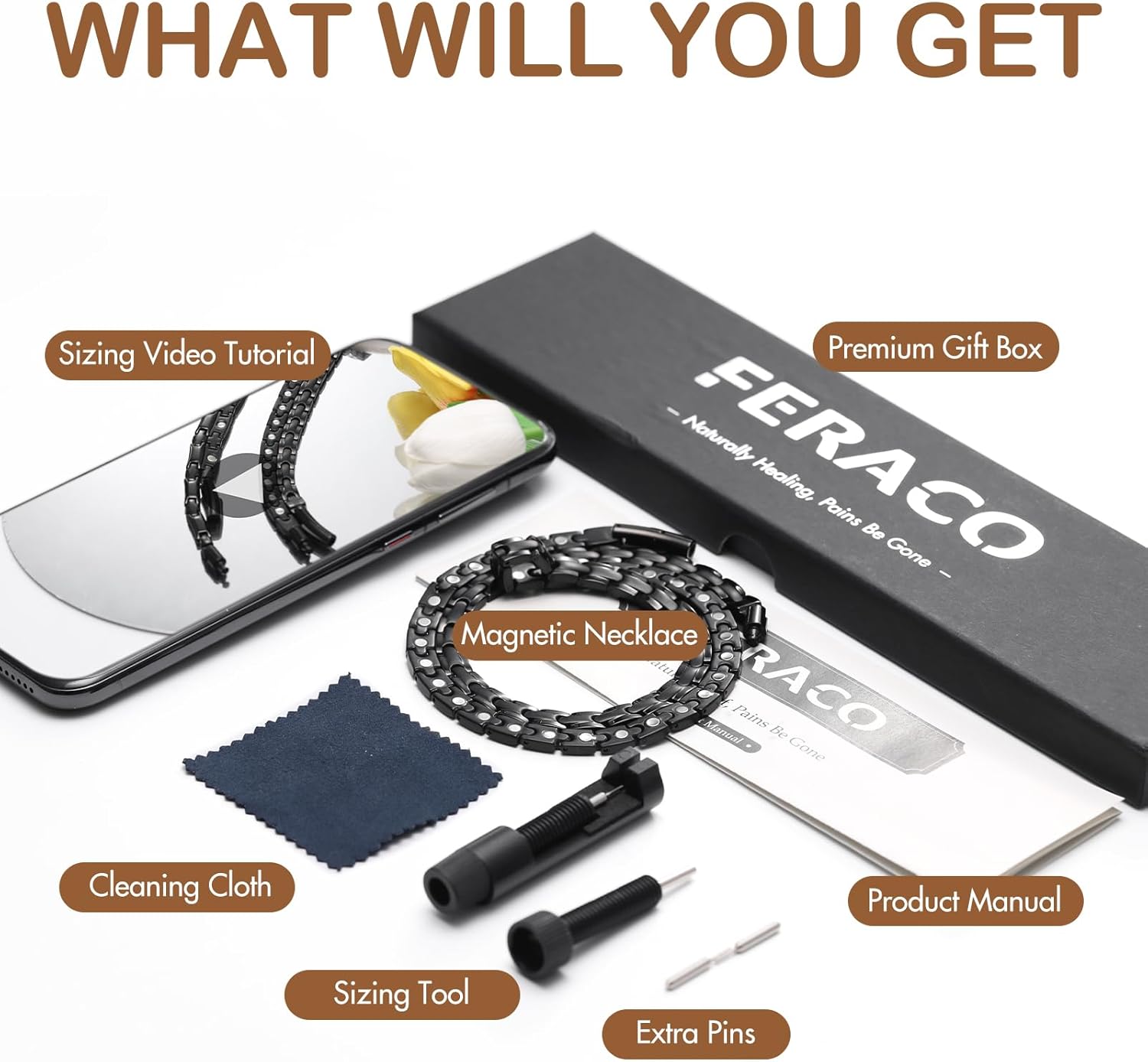 Feraco Magnetic Necklace for Men Women, Titanium Stainless Steel Magnetic Chain with Ultra Strength Neodymium Magnets, Black Jewelry Gift, Adjustable