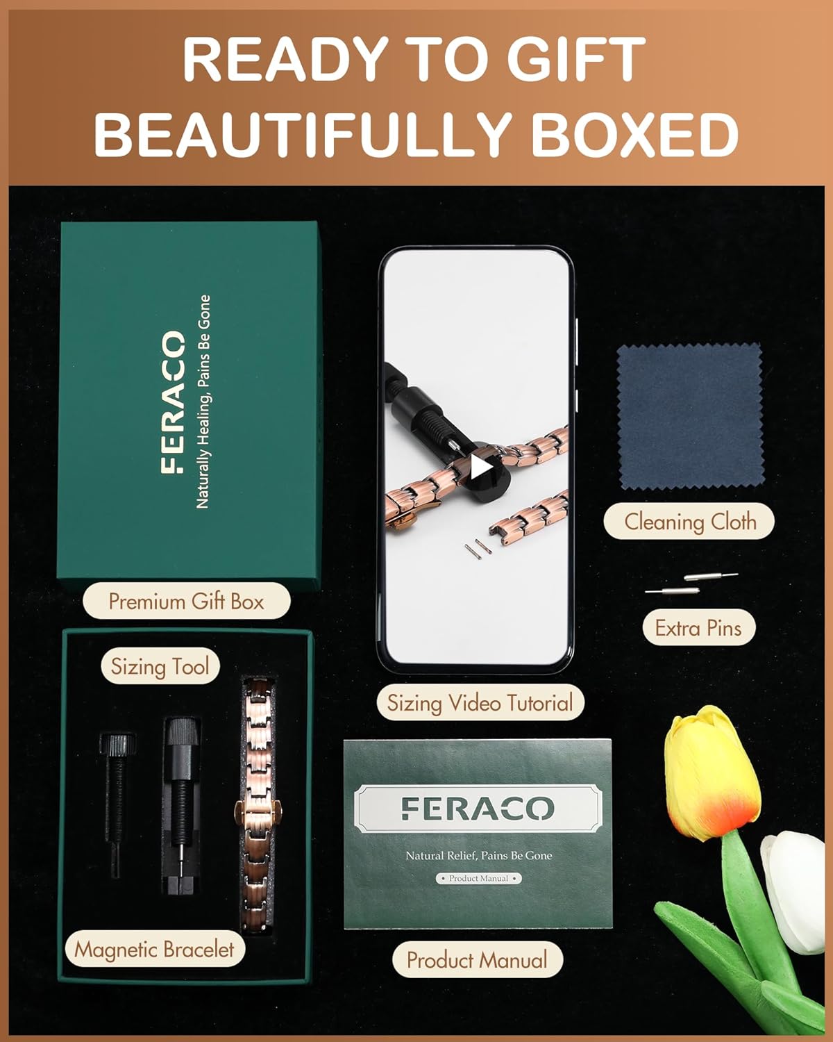 Feraco Pure Copper Bracelets for Women, 5X Ultra Strength Magnetic Bracelet with 5000 Gauss Neodymium Magnets & Upgraded Butterfly Clasp, Adjustable Jewelry Gift