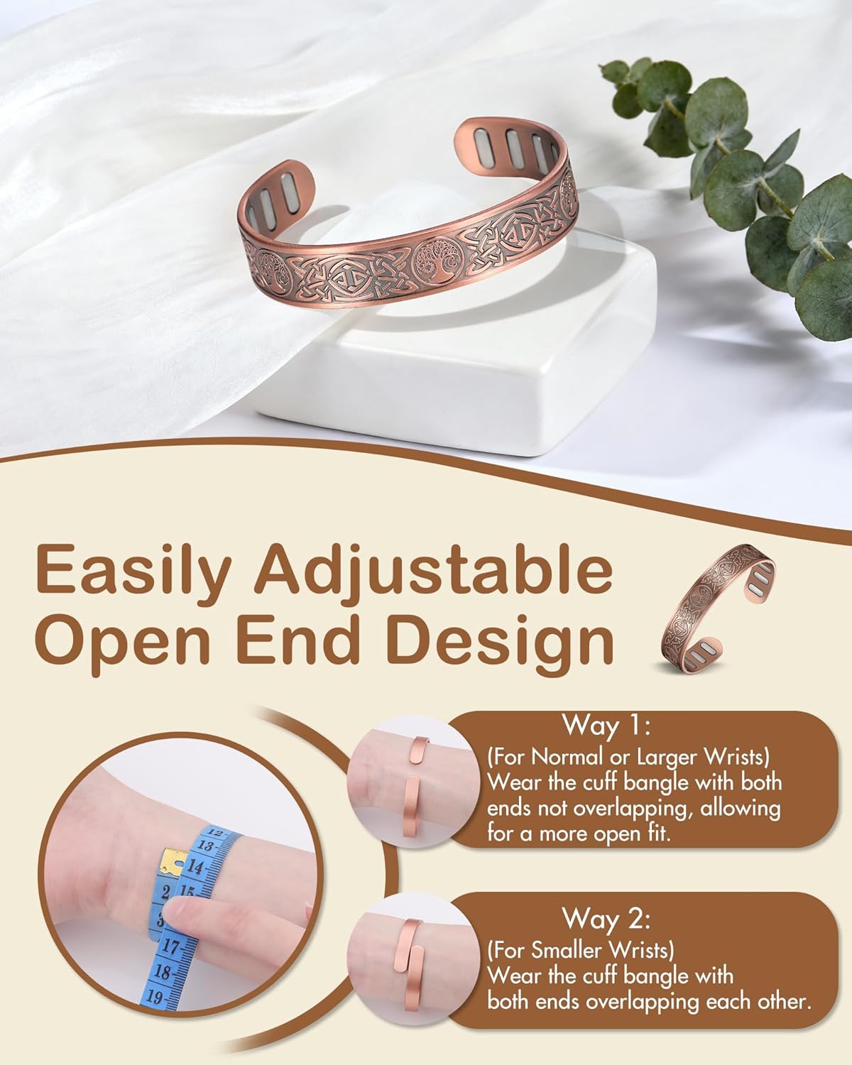 Feraco Copper Bracelet for Men, 5X Ultra Strength Magnetic Cuff Bangle with 5000 Gauss Neodymium Magnets, 99.99% Pure Copper Jewelry Gift, Adjustable