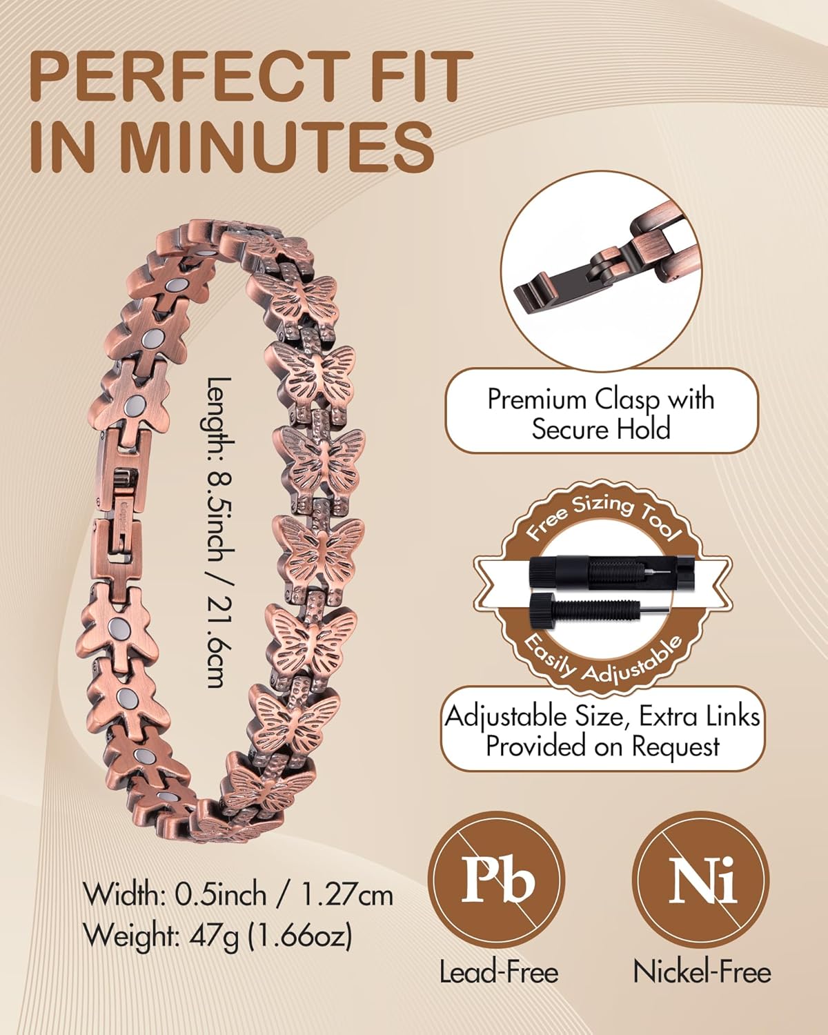 Feraco Pure Copper Bracelets for Women, Ultra Strength Magnetic Copper Bracelet with 3800 Gauss Magnet, Adjustable Jewelry Gift with Butterfly-Engraved