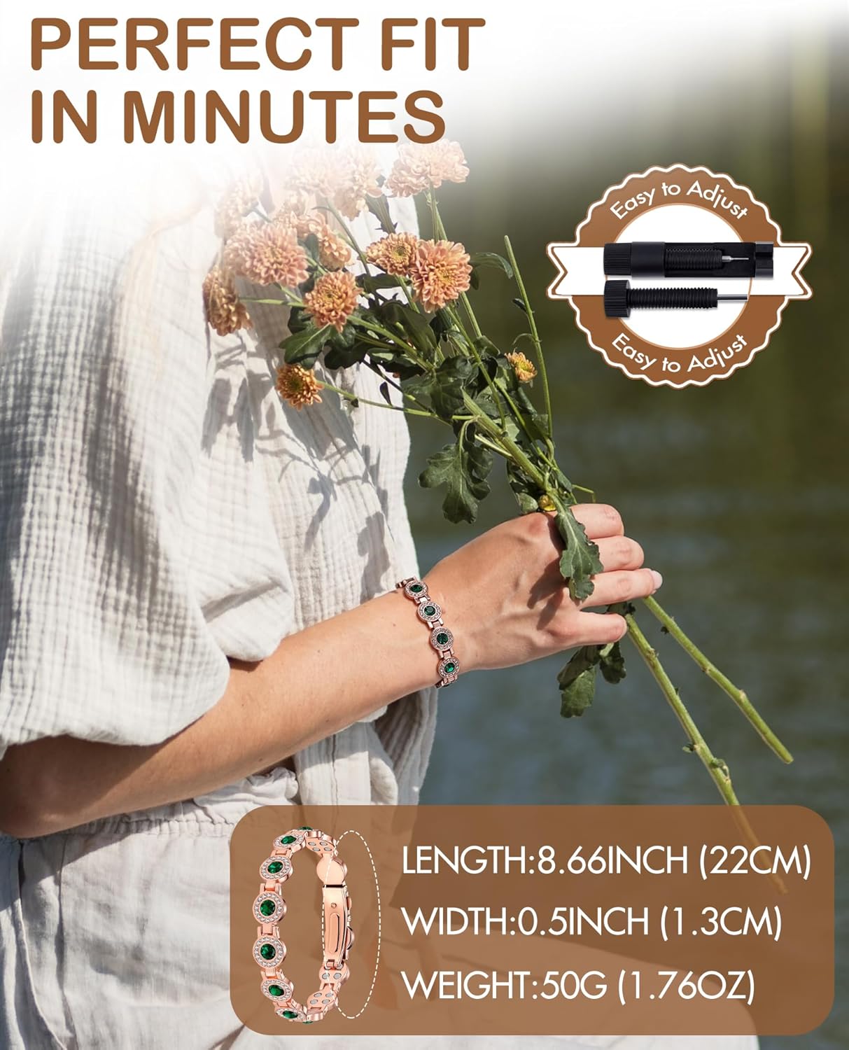 Feraco Pure Copper Bracelets for Women, 4X Ultra Strength Magnetic Bracelet with 3800 Gauss Neodymium Magnets & Dazzling Austrian Cut Crystals Stone, Adjustable Jewelry Gift