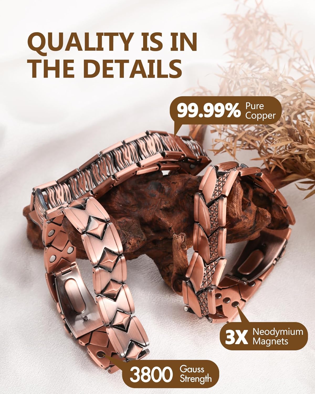 Feraco Magnetic Copper Bracelet for Men 99.99% Pure Copper Bracelets,Men's Cooper Jewelry with 3800 Gauss Magnets