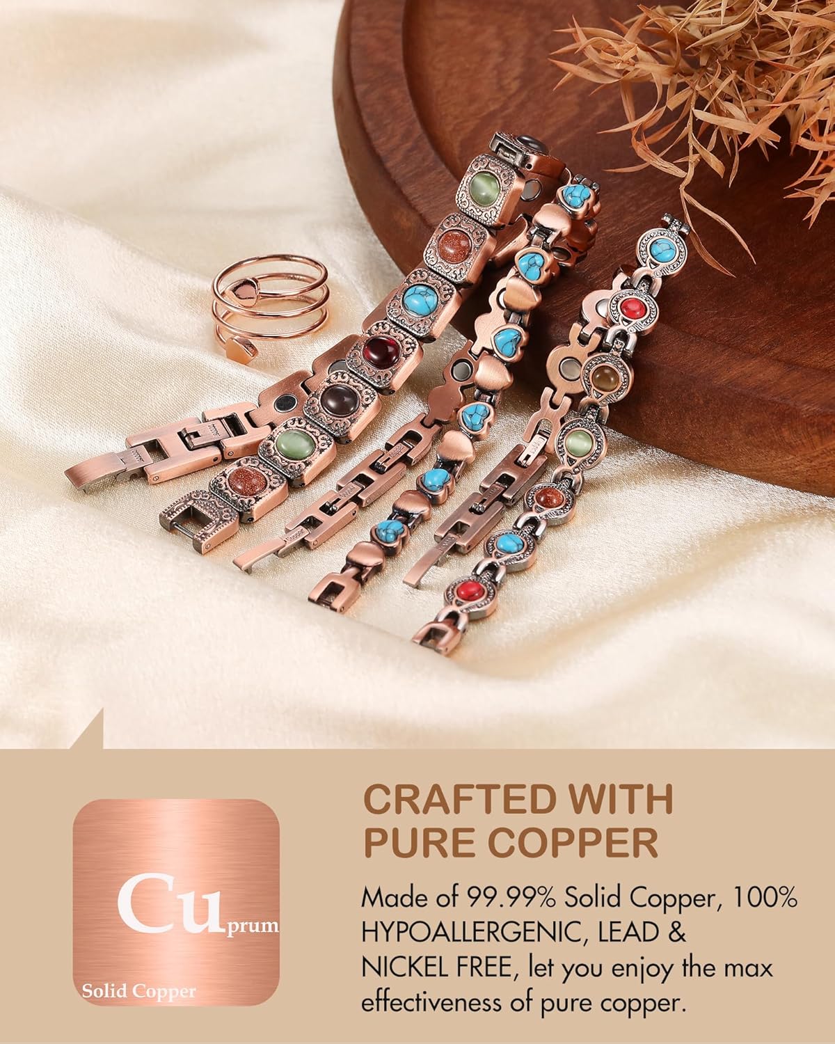 Feraco Pure Copper Bracelets & Rings for Women, Ultra Strength Magnetic Bracelet with 3800 Gauss Magnets & Natural Turquoise & Stones, Adjustable, Jewelry Gift