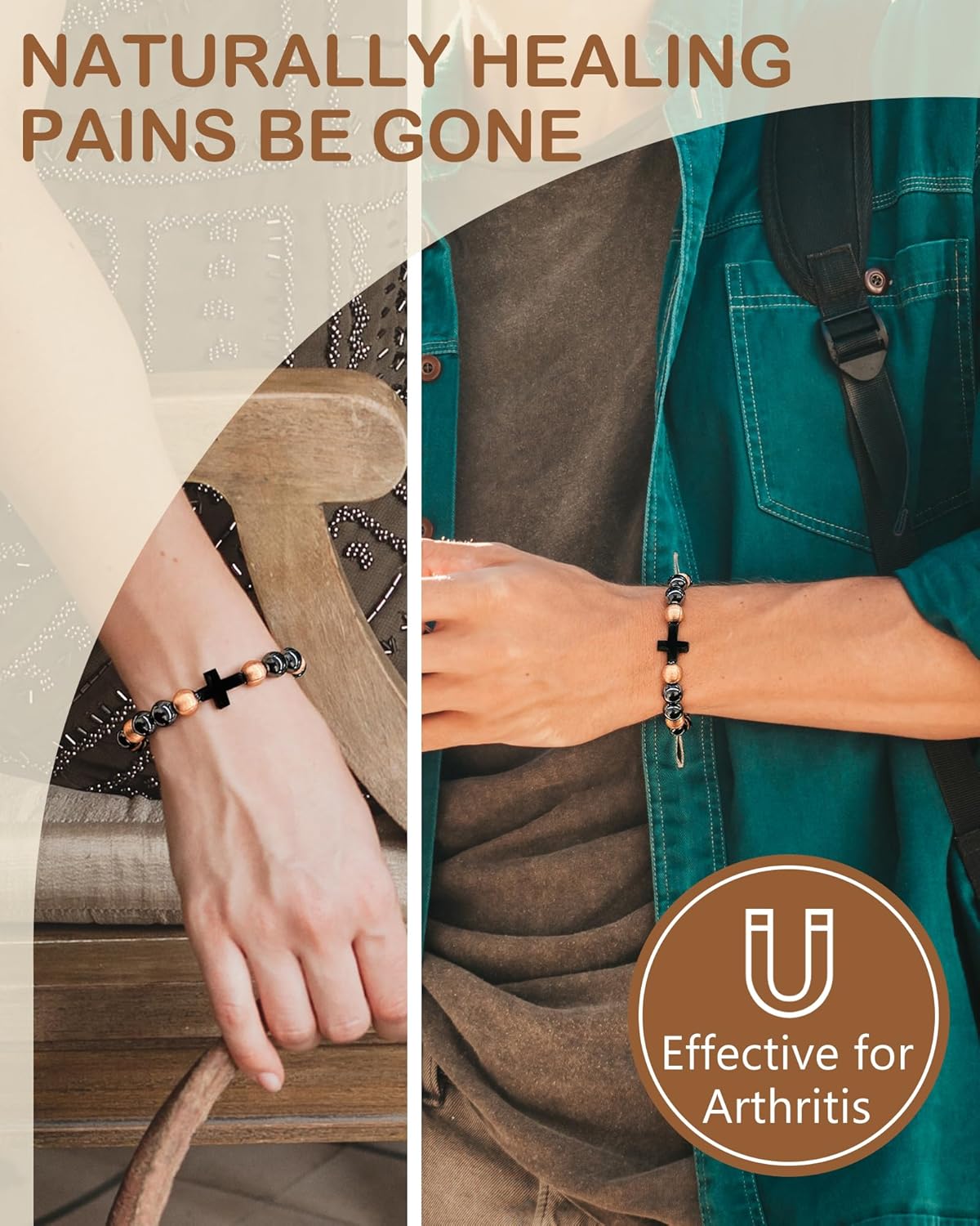 Feraco Pure Copper Magnetic Bead Bracelet for Men Women, 8mm 99.99% Solid Copper & 3500 Gauss Magnetic Hematite Beads, Unisex Stretch Wristband, Gift-Ready Jewelry