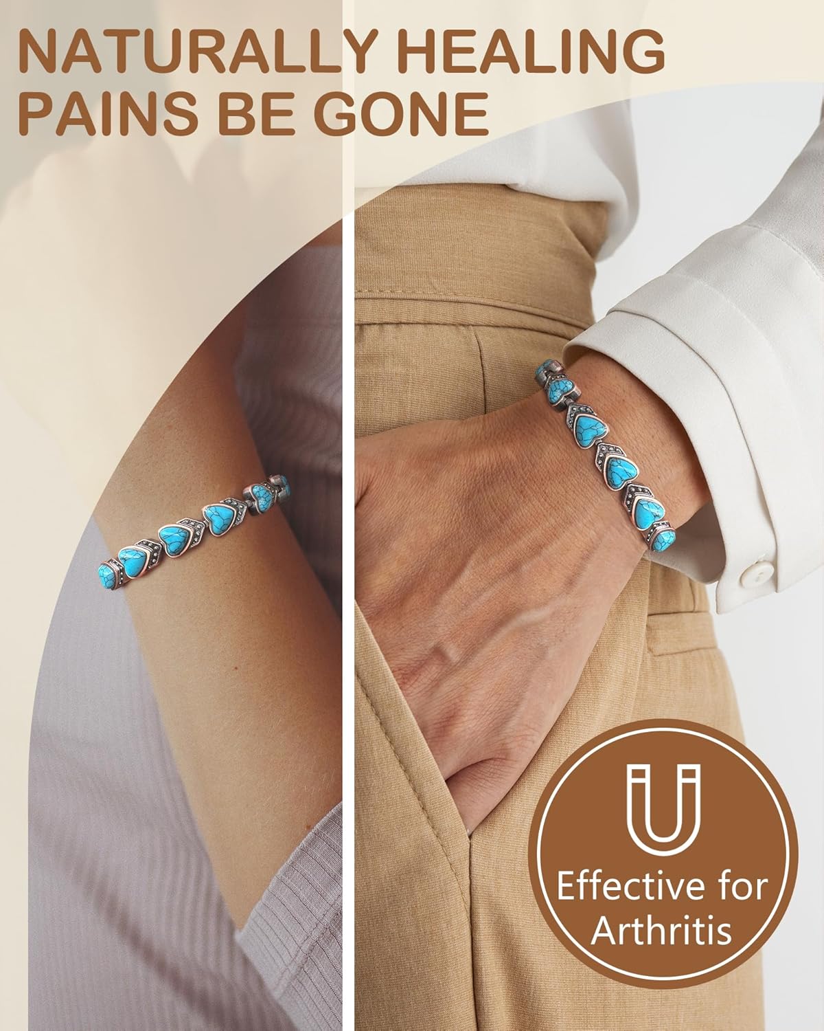 Feraco Pure Copper Bracelets for Women, Ultra Strength Magnetic Bracelet with 3800 Gauss Magnets & Natural Turquoise & Stones, Adjustable, Jewelry Gift