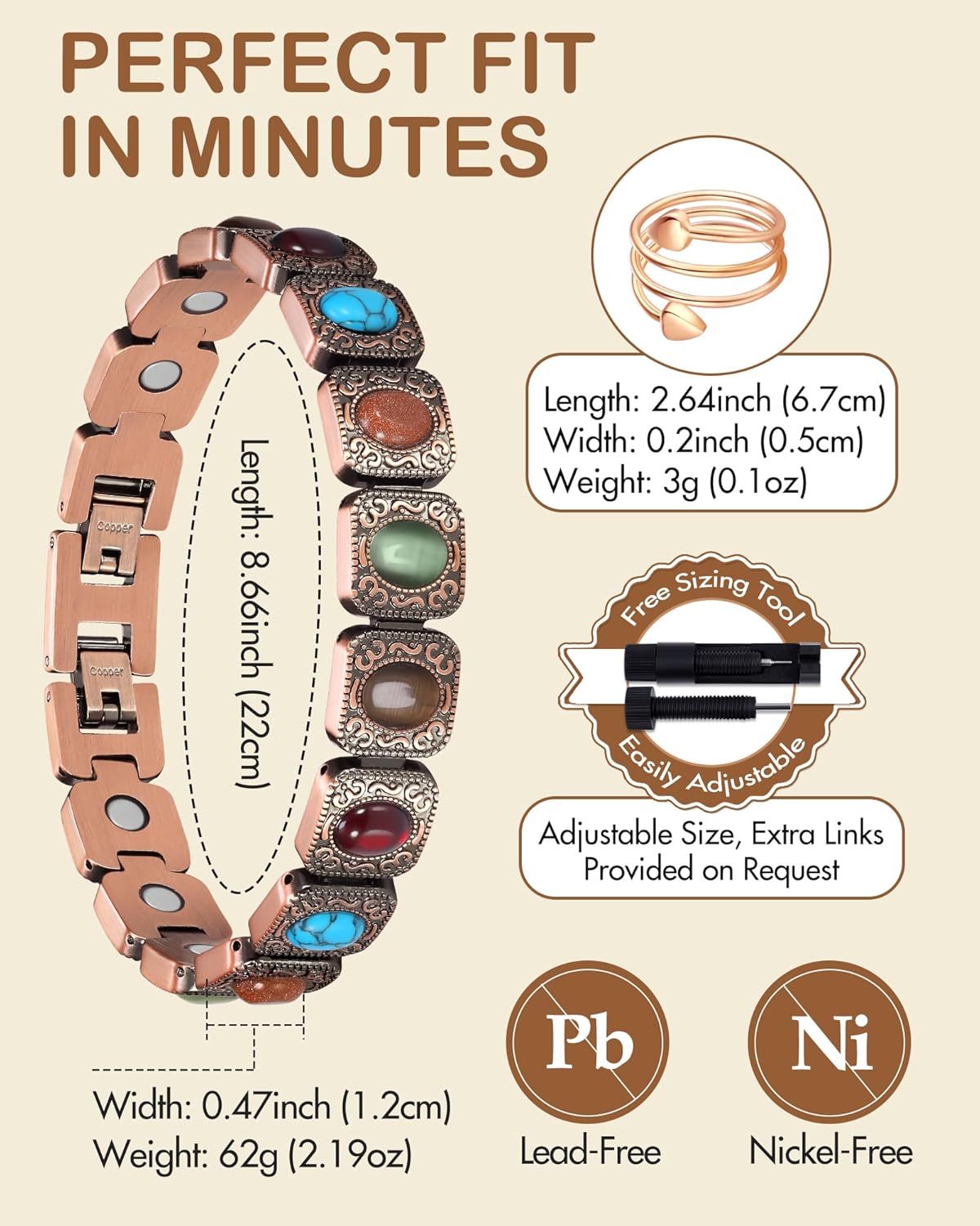 Feraco Pure Copper Bracelets & Rings for Women, Ultra Strength Magnetic Copper Bracelet with 3800 Gauss Magnets, Natural Turquoise & Stones, Adjustable Jewelry Gift