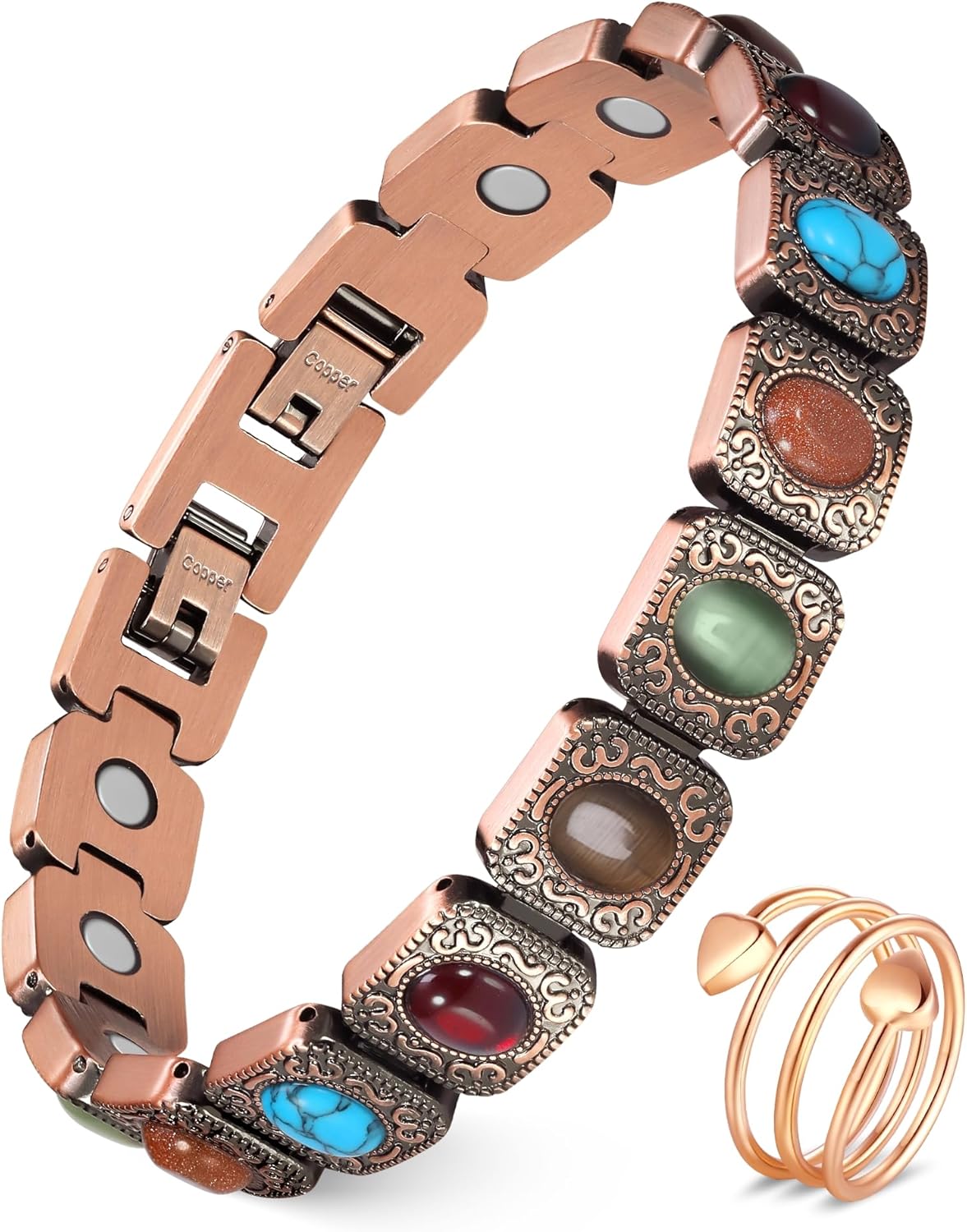 Feraco Pure Copper Bracelets & Rings for Women, Ultra Strength Magnetic Copper Bracelet with 3800 Gauss Magnets, Natural Turquoise & Stones, Adjustable Jewelry Gift