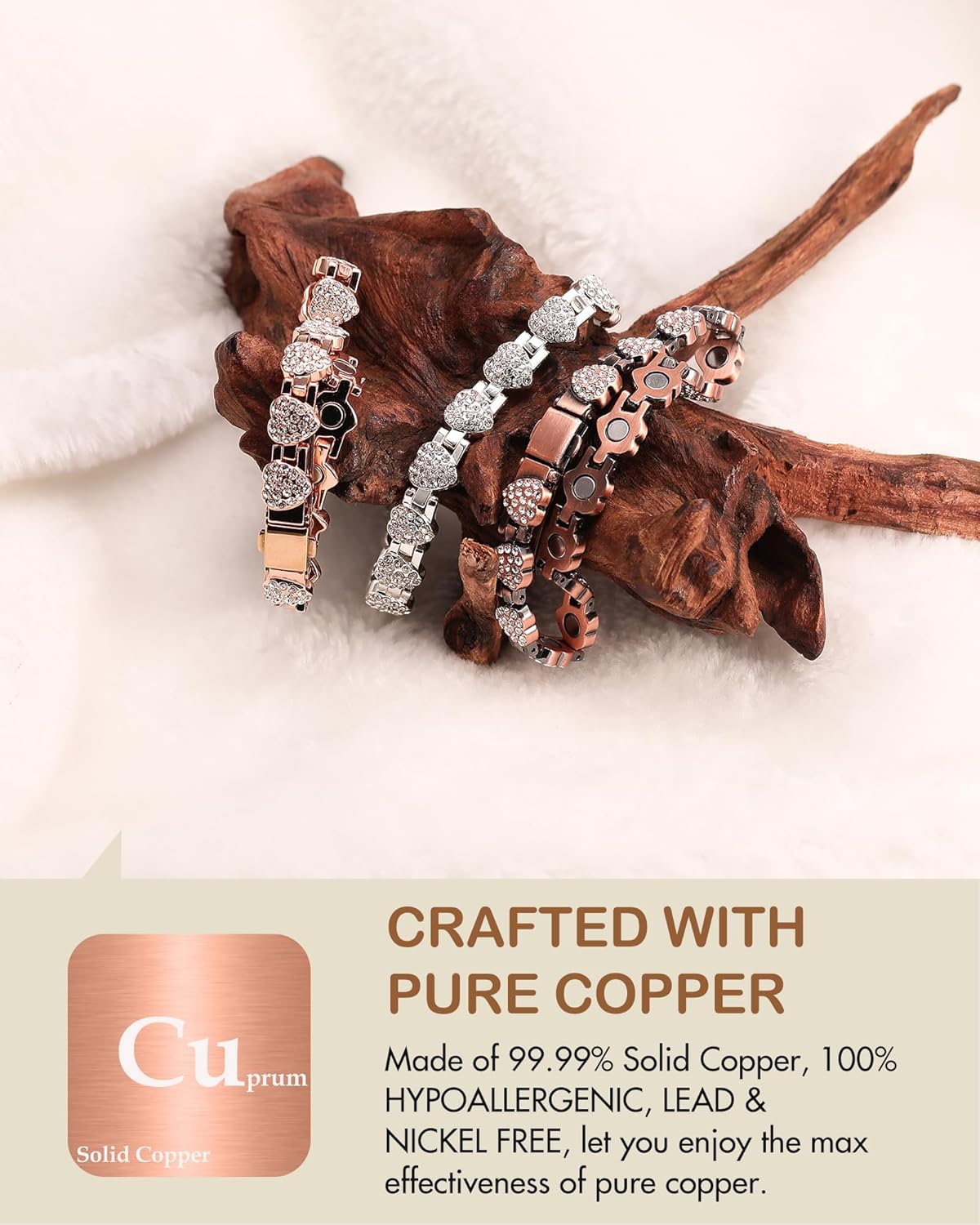 Feraco Copper Bracelets for Women, Ultra Strength Magnetic Bracelet with 3800 Gauss Neodymium Magnets & Dazzling Cubic Zirconia, 99.99% Pure Copper Jewelry Gift, Heart Shape