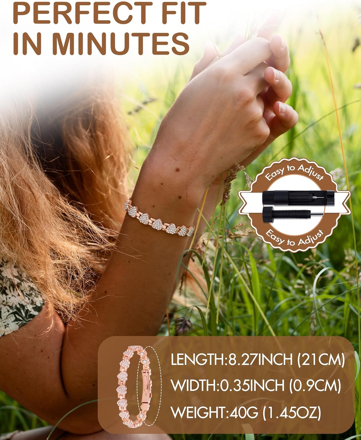 Feraco Copper Bracelets for Women, Ultra Strength Magnetic Bracelet with 3800 Gauss Neodymium Magnets & Dazzling Cubic Zirconia, 99.99% Pure Copper Jewelry Gift, Heart Shape