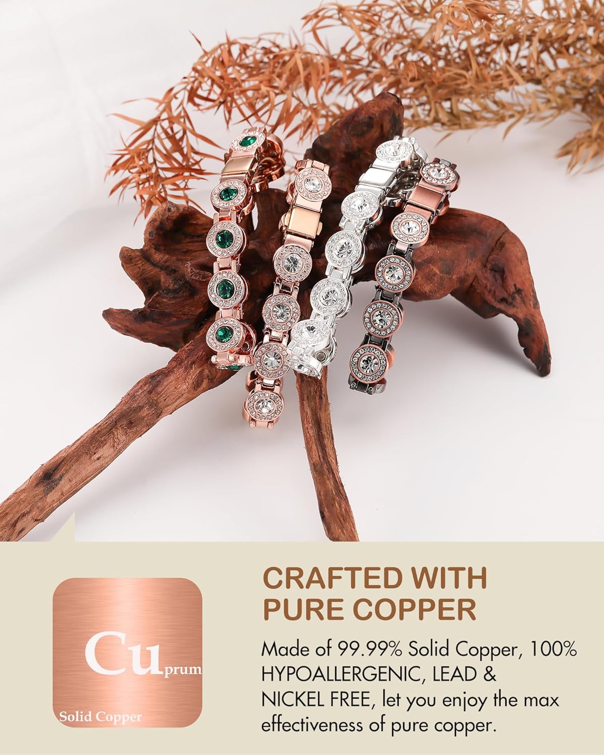 Feraco Pure Copper Bracelets for Women, 4X Ultra Strength Magnetic Bracelet with 3800 Gauss Neodymium Magnets & Dazzling Austrian Cut Crystals Stone, Adjustable Jewelry Gift