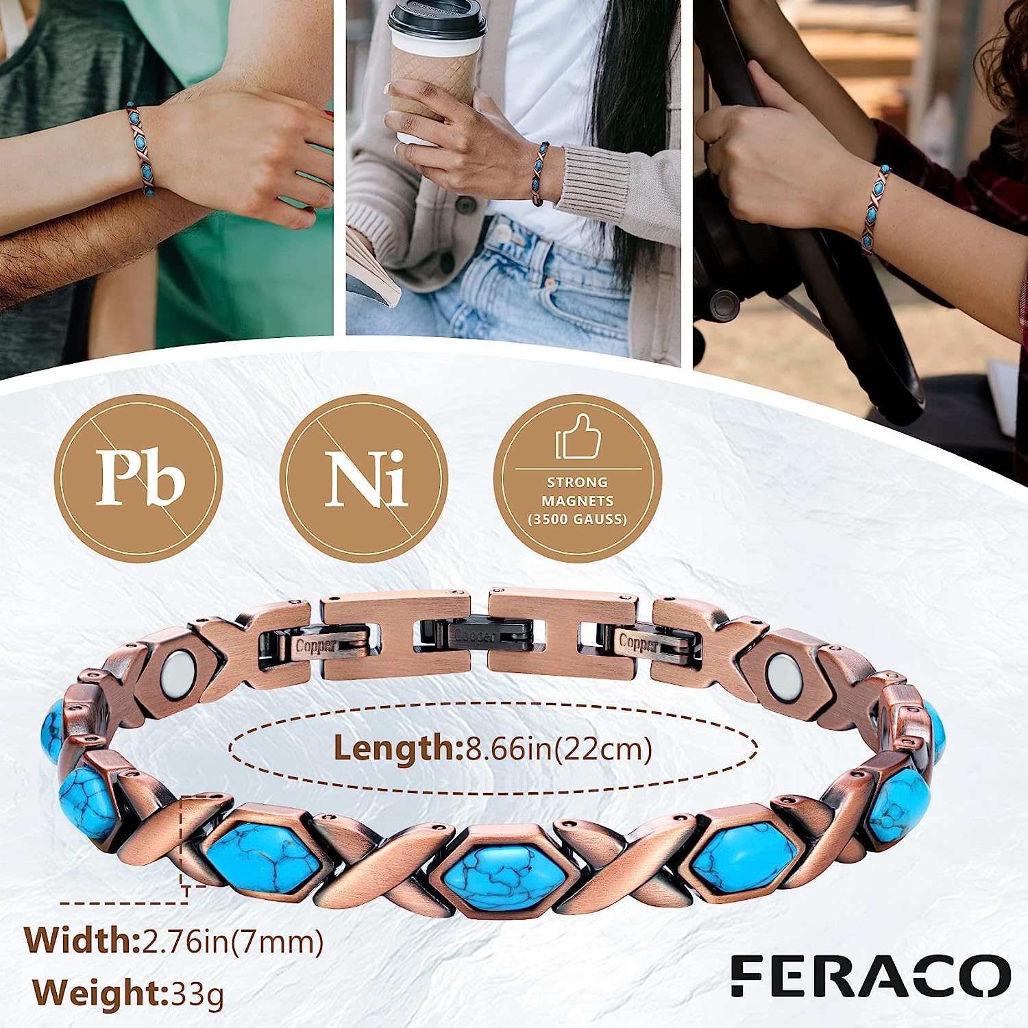 Blue Natural Turquoise Pure Copper Magnetic Therapy Bracelets