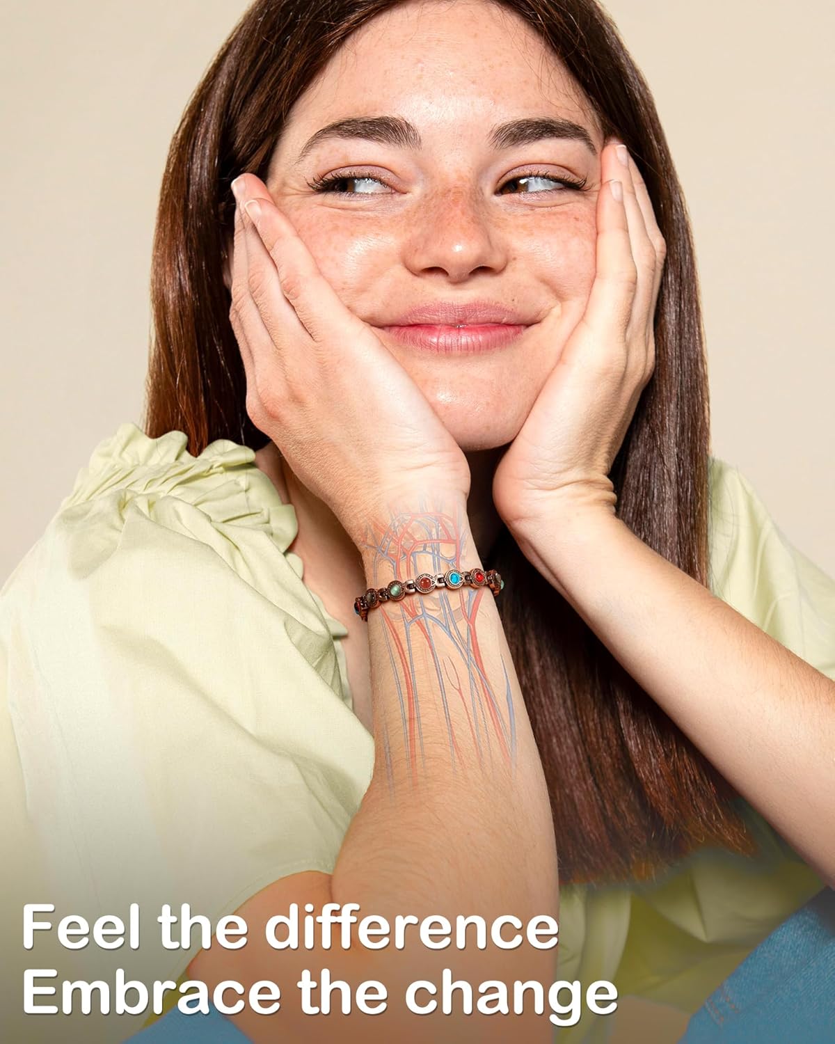 Feraco Pure Copper Bracelets for Women, Ultra Strength Magnetic Bracelet with 3800 Gauss Magnets & Natural Turquoise & Stones, Adjustable, Jewelry Gift