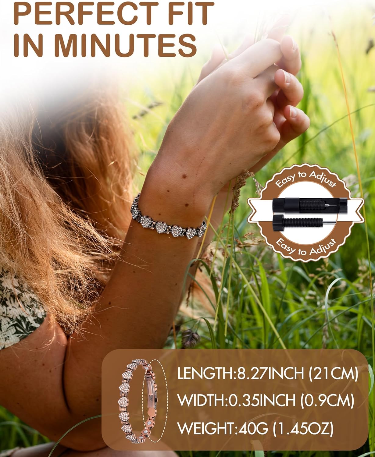 Feraco Copper Bracelets for Women, Ultra Strength Magnetic Bracelet with 3800 Gauss Neodymium Magnets & Dazzling Cubic Zirconia, 99.99% Pure Copper Jewelry Gift, Heart Shape