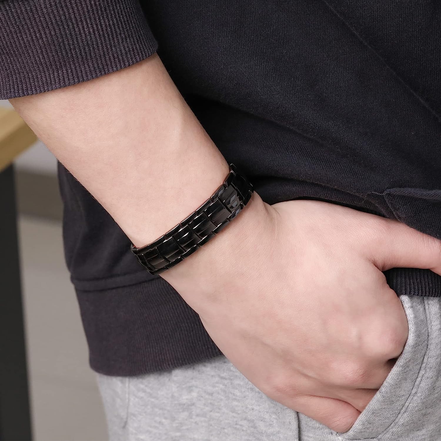 Black Men's Copper Bracelets with Double-Row Strong Magnets