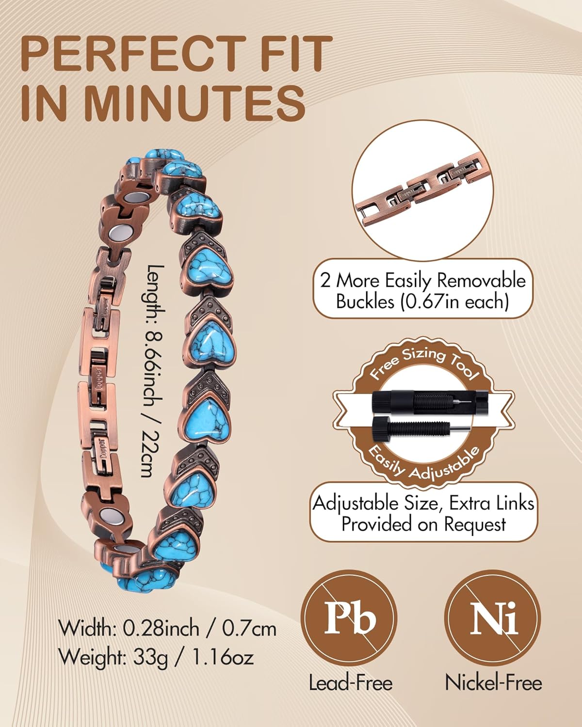 Feraco Pure Copper Bracelets for Women, Ultra Strength Magnetic Bracelet with 3800 Gauss Magnets & Natural Turquoise & Stones, Adjustable, Jewelry Gift