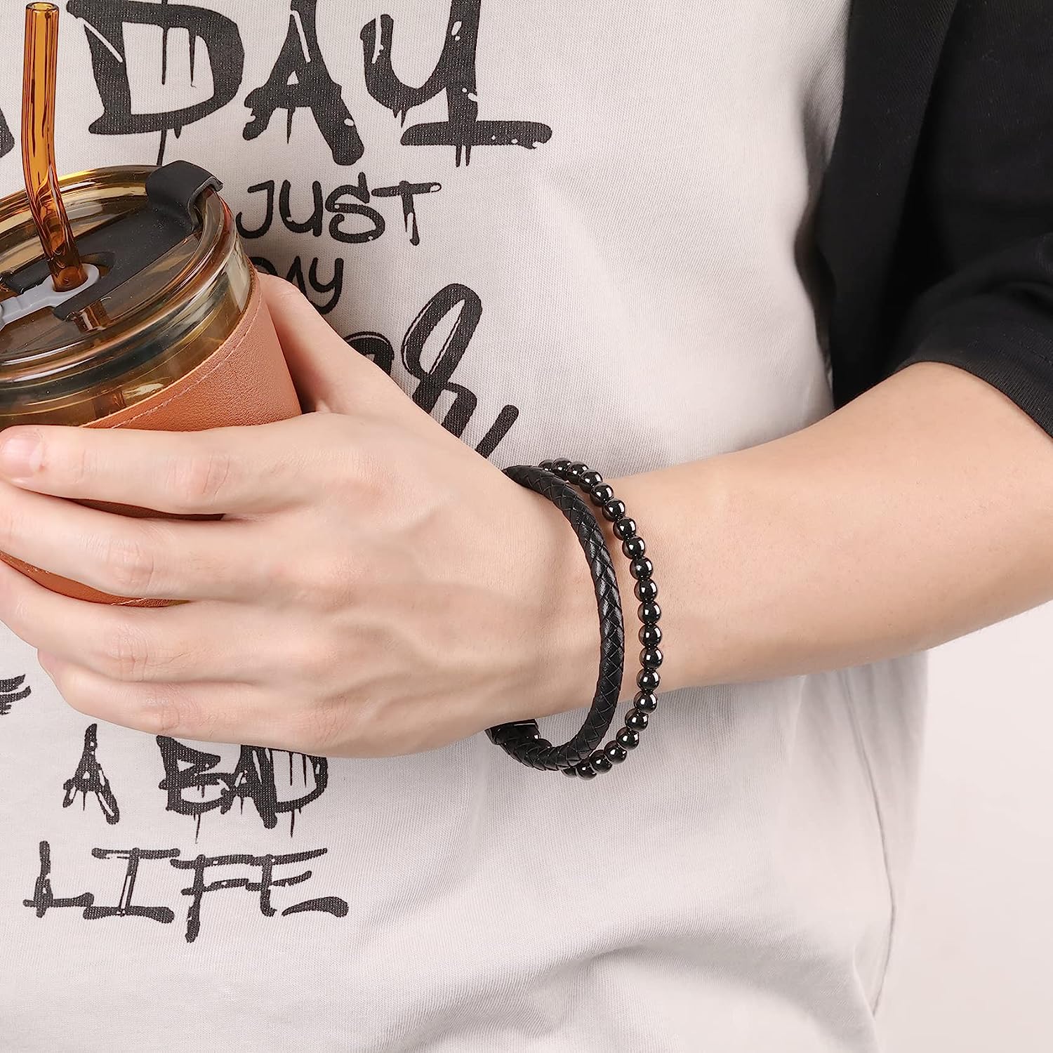 Double Layer Braided Leather Hematite Beaded Bracelets Magnetic Bracelet