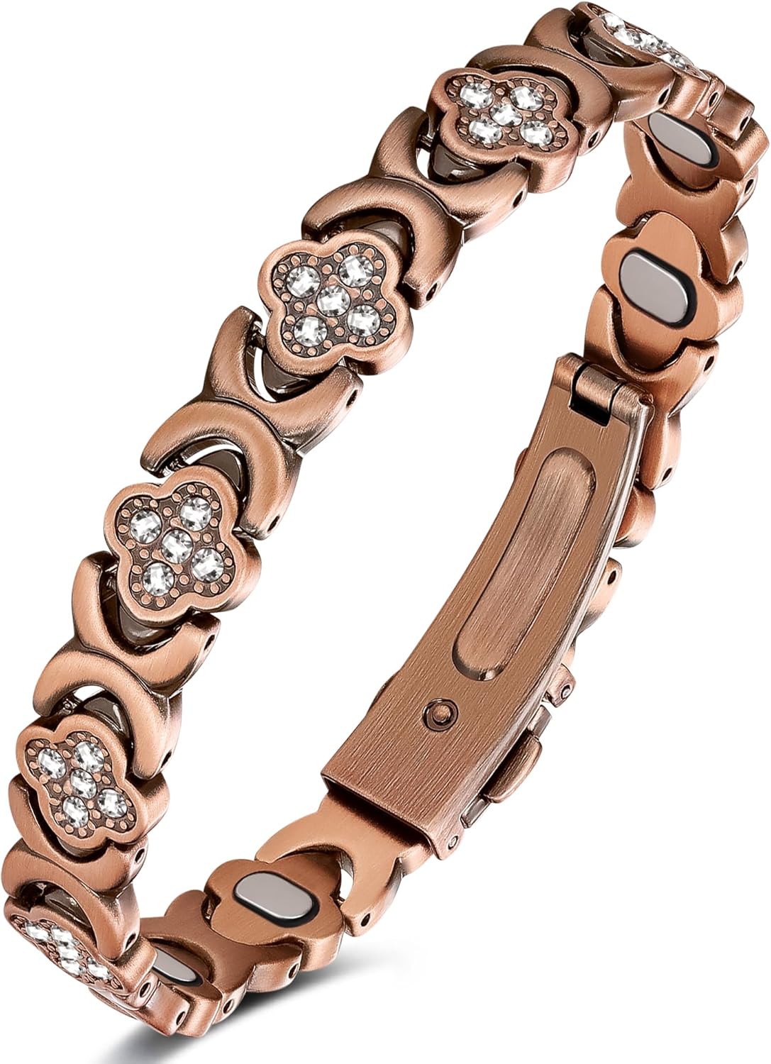 Feraco Pure Copper Bracelets for Women, 5X Ultra Strength Magnetic Bracelet with 5000 Gauss Magnets & Sparkling Cubic Zirconia, Premium Folding Clasp, Infinite Clover Jewelry Gift