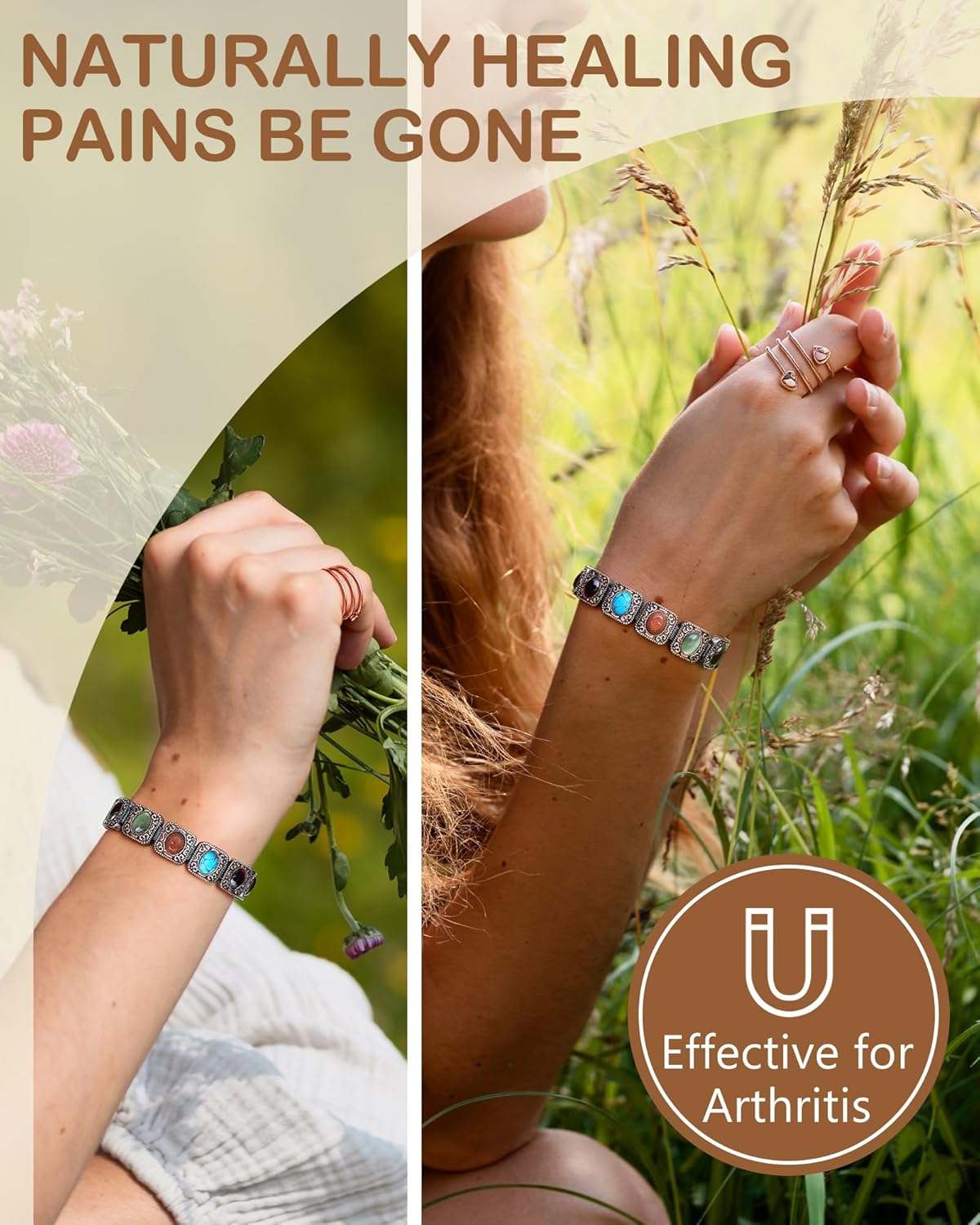 Feraco Pure Copper Bracelets & Rings for Women, Ultra Strength Magnetic Copper Bracelet with 3800 Gauss Magnets, Natural Turquoise & Stones, Adjustable Jewelry Gift