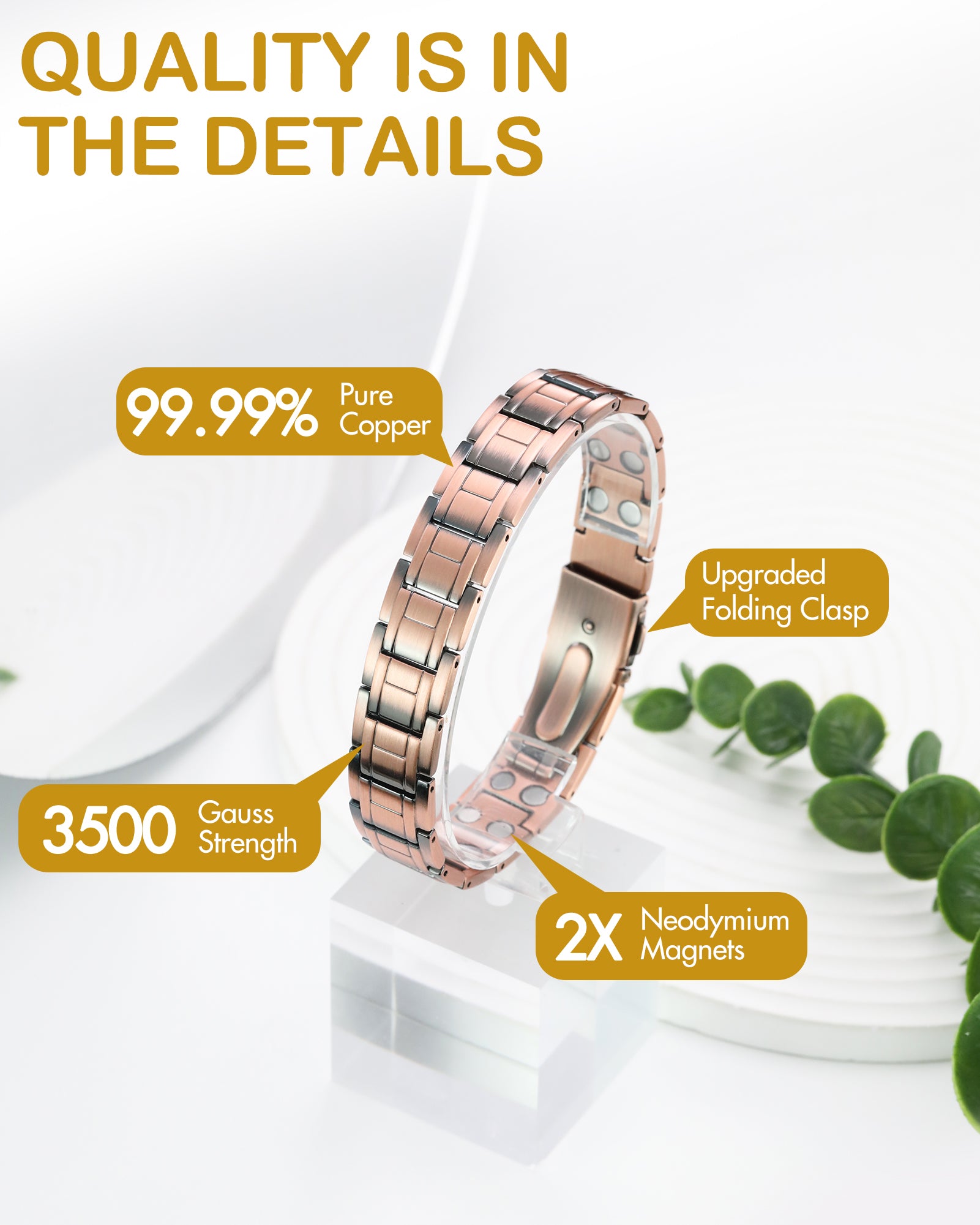 Feraco 99.99% Pure Copper Bracelet for Men, Ultra Strength Magnetic Bracelet with Powerful Neodymium Magnets & Pro Folding Clasp, Adjustable