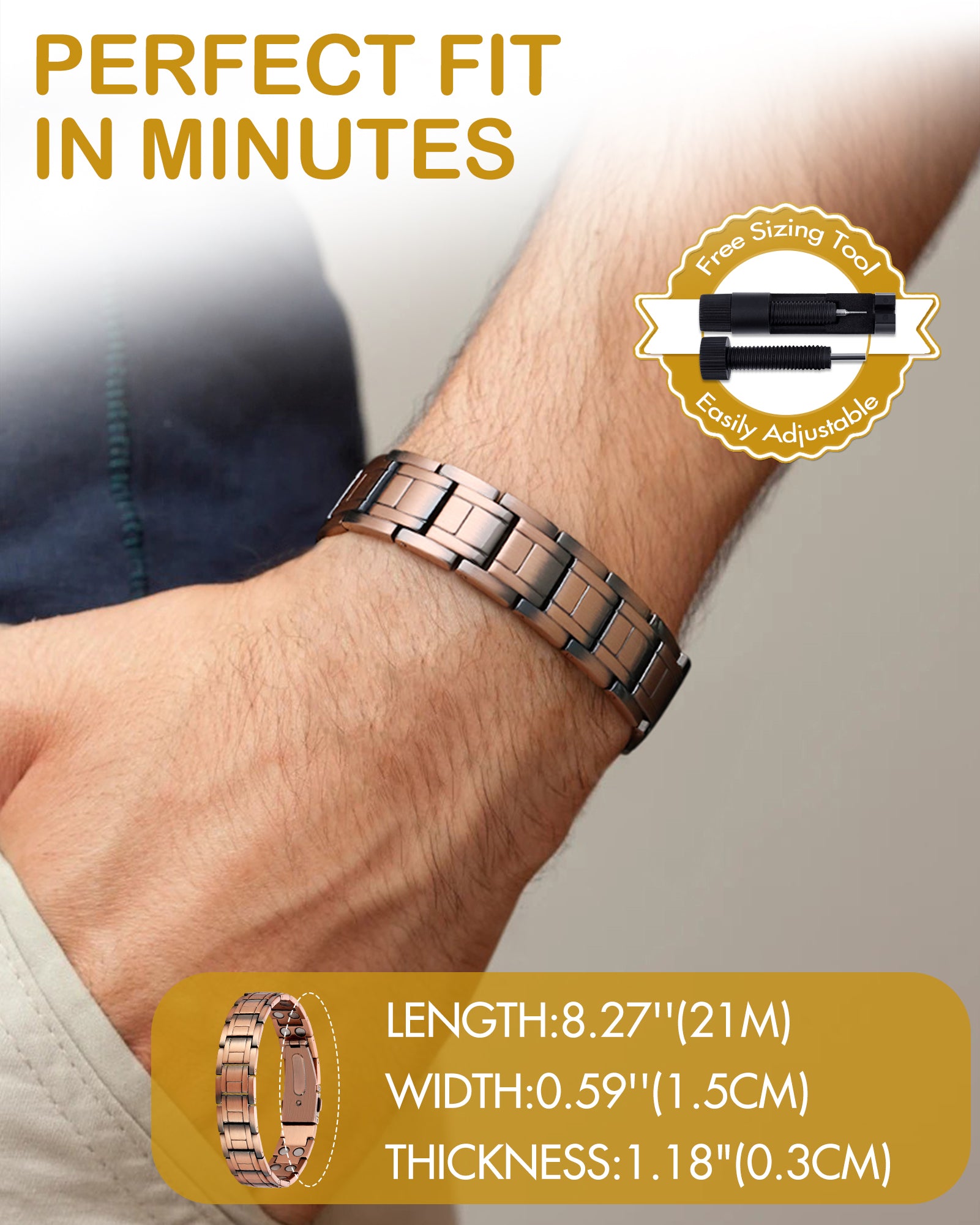 Feraco 99.99% Pure Copper Bracelet for Men, Ultra Strength Magnetic Bracelet with Powerful Neodymium Magnets & Pro Folding Clasp, Adjustable