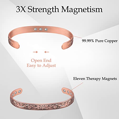 Vintage Flower Copper Cuff for Women with 11 Magnets.